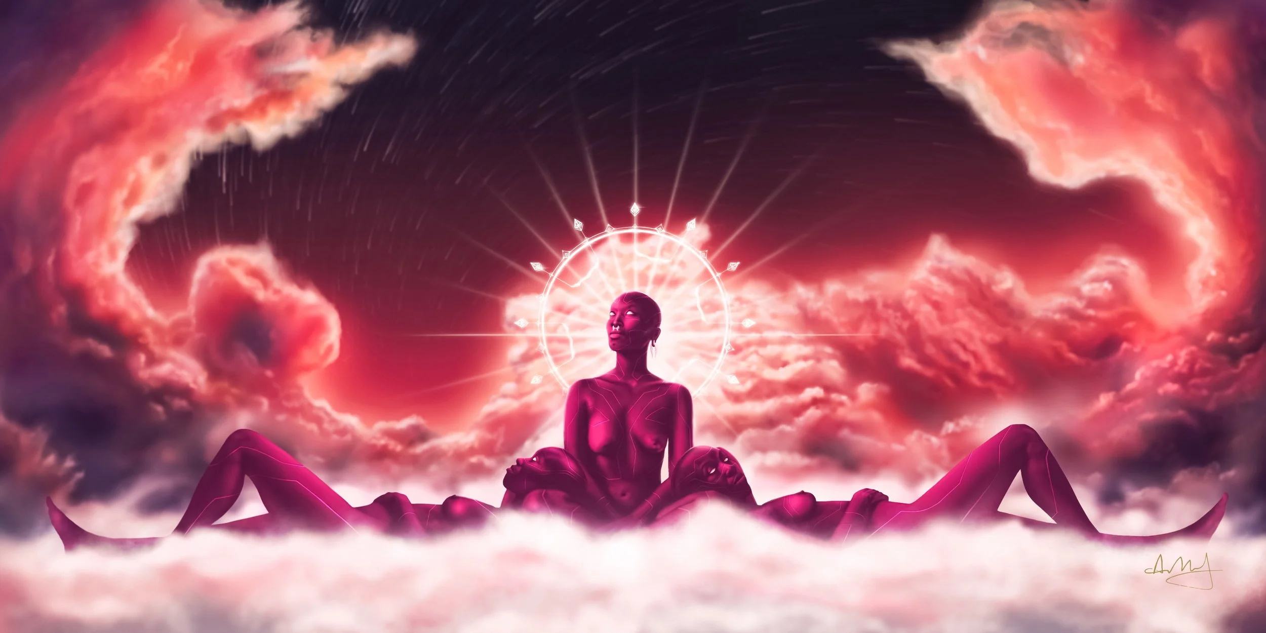 A digital artwork of a woman sitting cross-legged on clouds, with a glowing halo-like circle around her head and pink and purple clouds in the background.