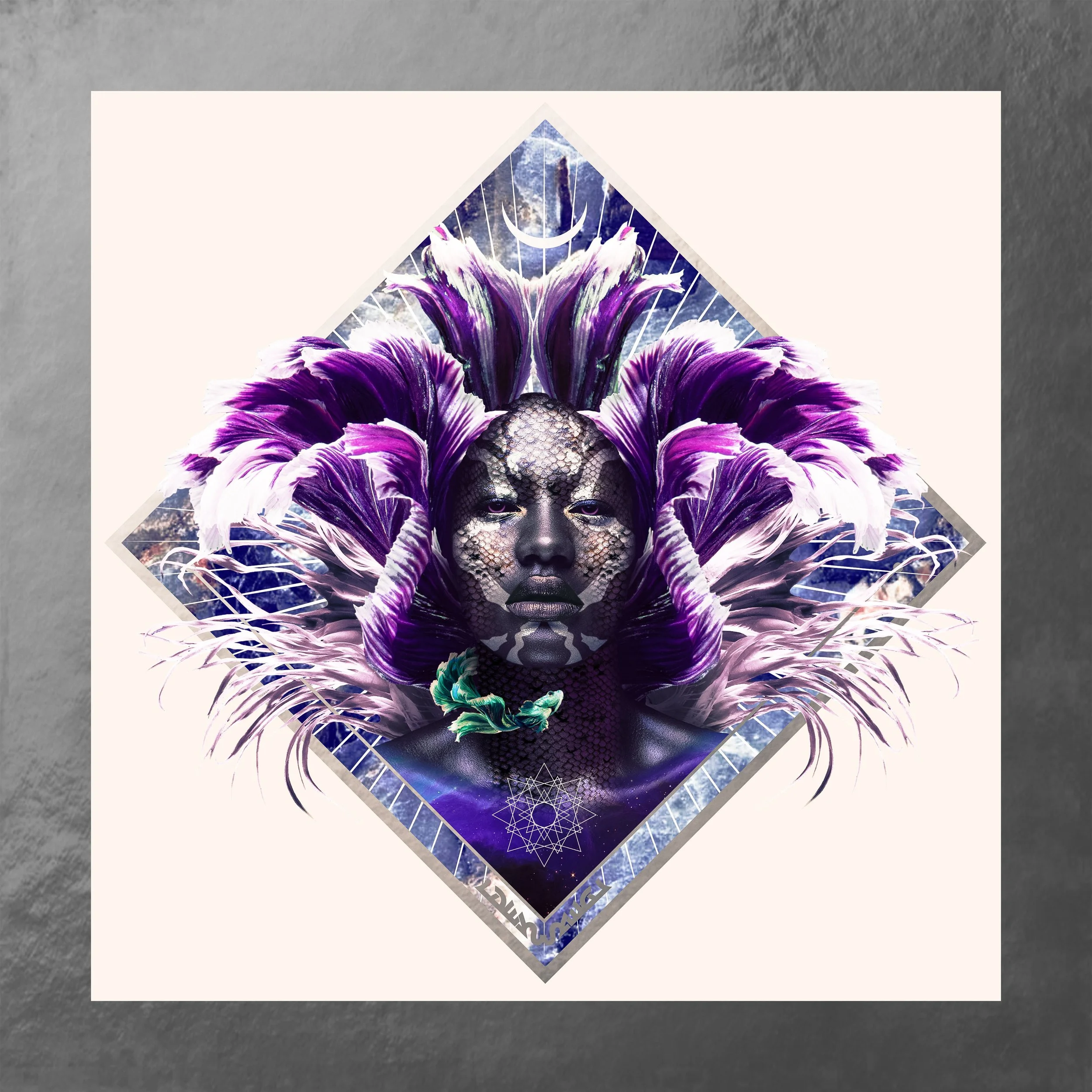 An artistic collage featuring a woman's face with dark makeup and snake-like skin, surrounded by purple and white feathers, with a moon and stars in the background, and a corner of a 50-dollar bill.
