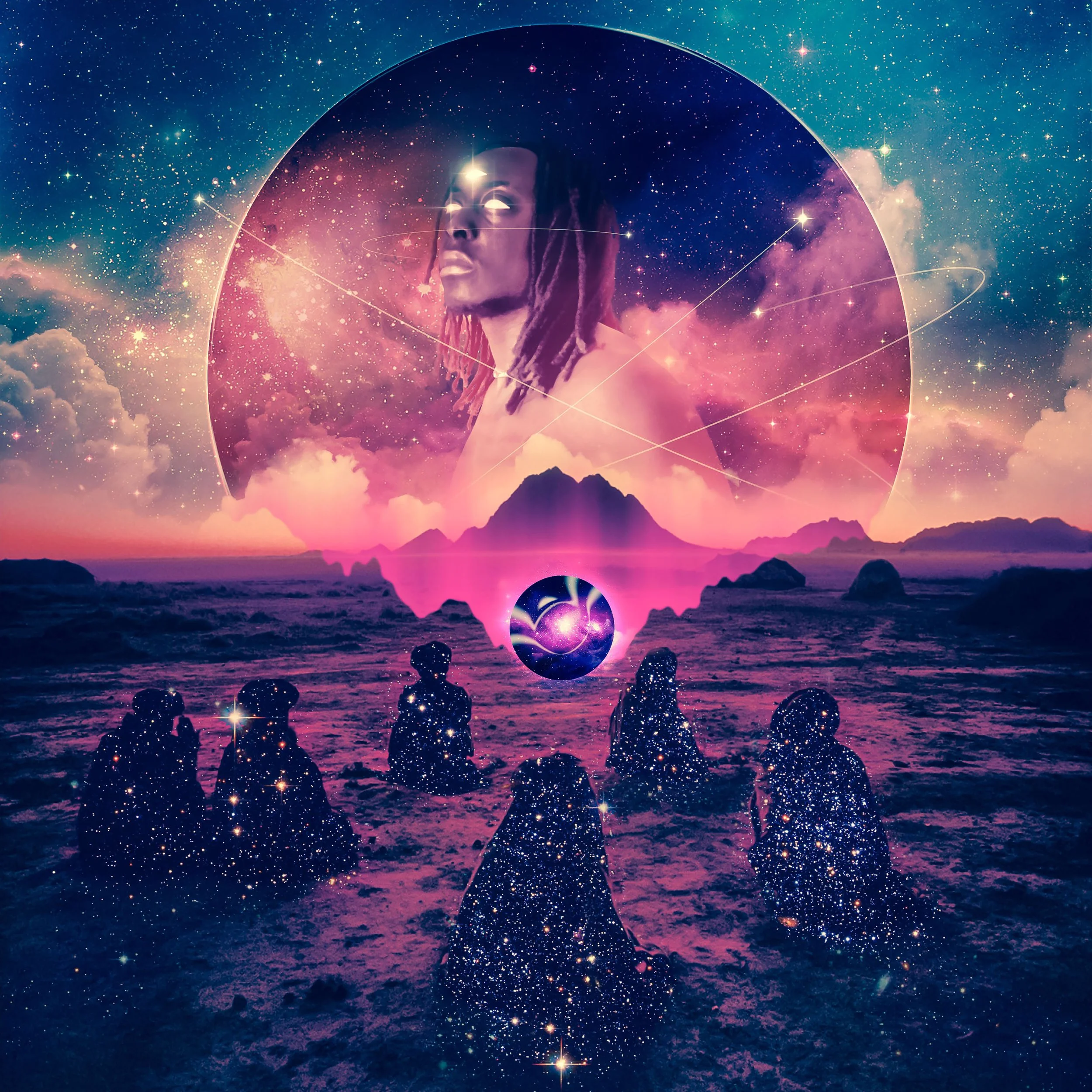 A surreal digital artwork featuring a humanoid figure with glowing eyes and dreadlocks, surrounded by a cosmic background with stars, nebulae, and celestial orbits. The figure's face appears to blend with the universe, creating a mystical and otherwo