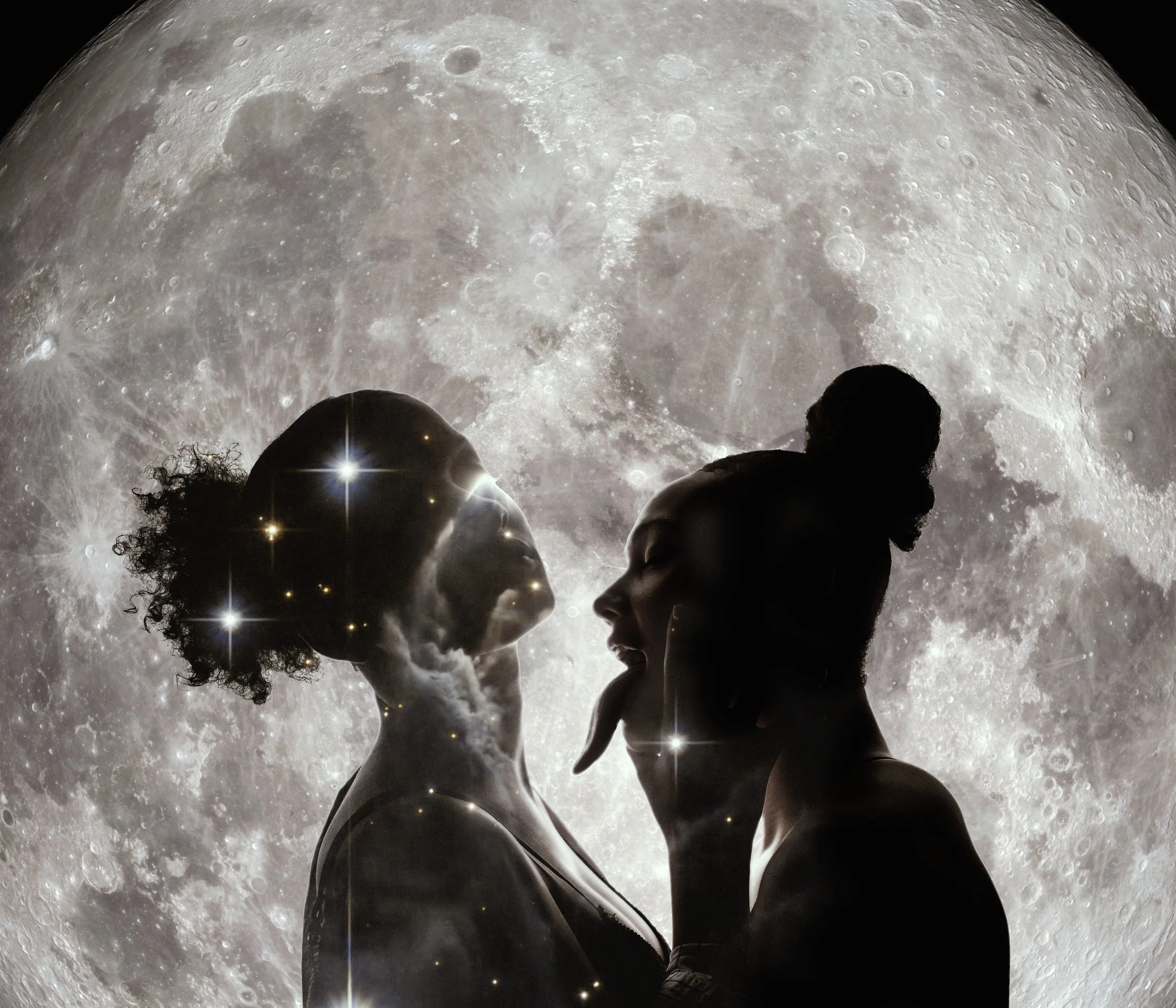 Silhouettes of two women facing each other against a full moon with detailed craters, creating a romantic or intimate scene.