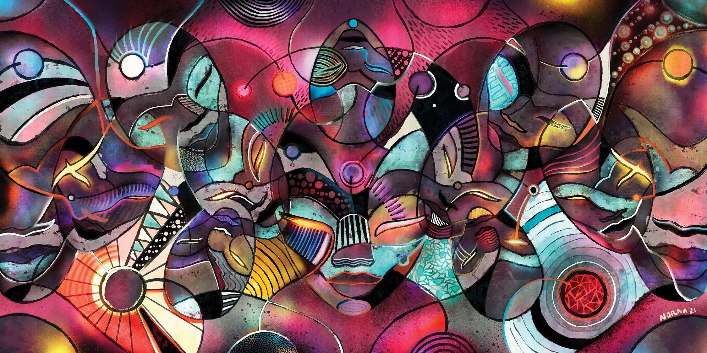 Abstract colorful painting with fluid shapes, lines, and patterns in pink, purple, blue, yellow, and black.
