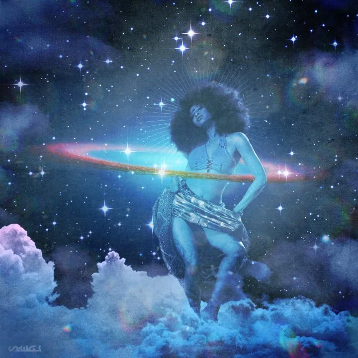 A woman with curly hair is sitting on clouds in a cosmic scene, surrounded by stars and nebulae, with a glowing ring around her waist and a radiant halo behind her head.