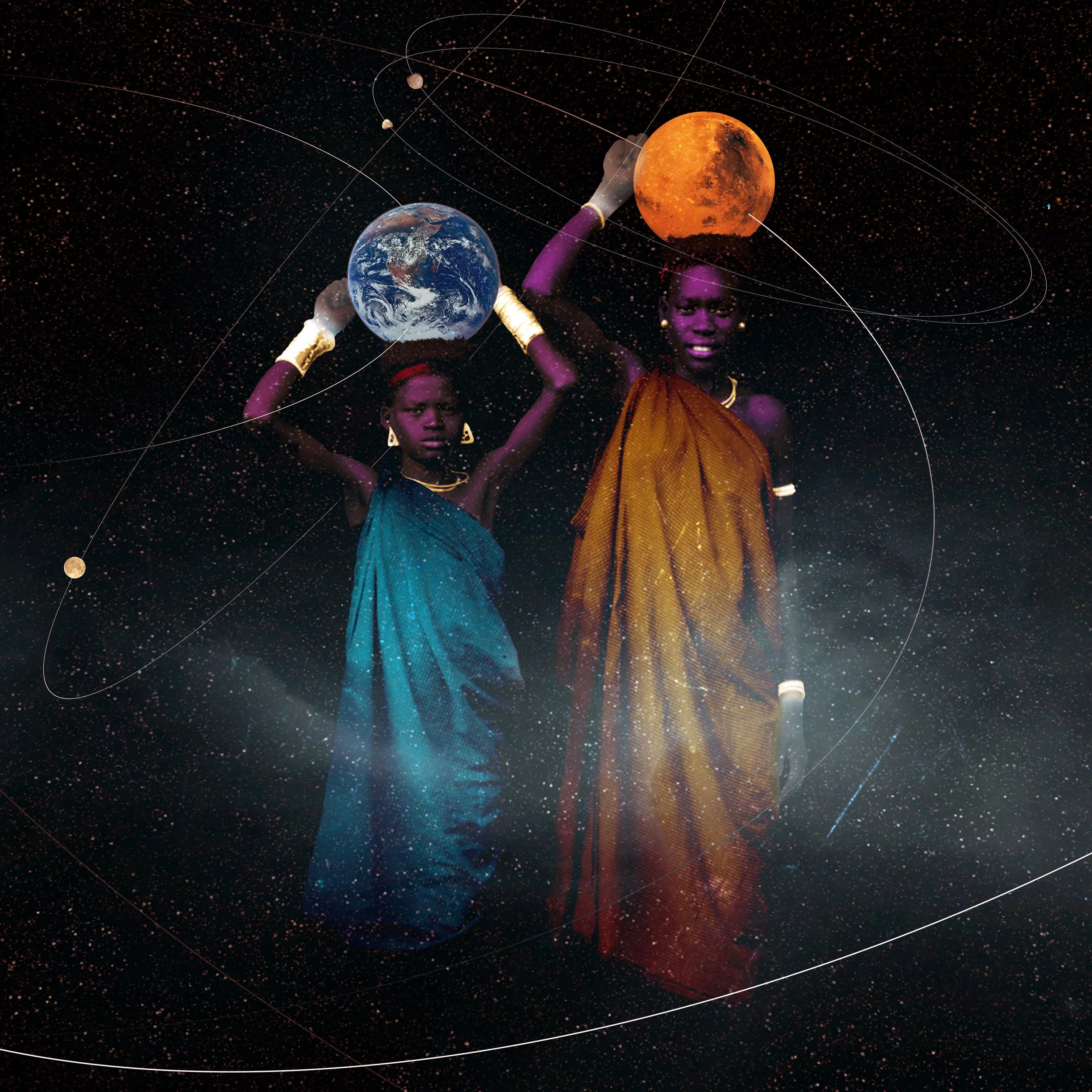A surreal digital illustration depicting a person with dark skin and purple hair holding the Earth in one hand and Mars in the other, with a starry space background and orbit lines connecting planets.