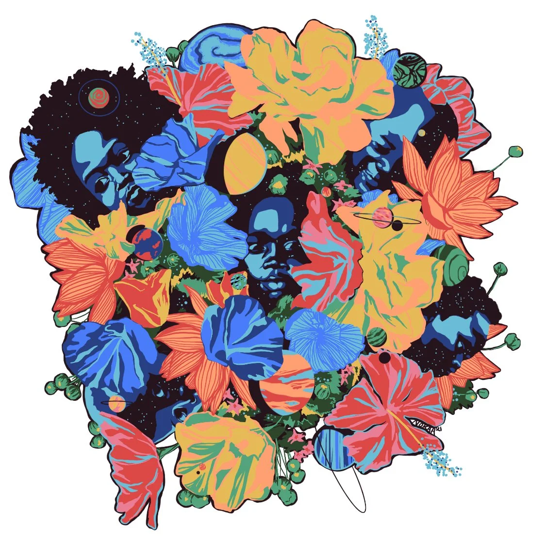 Colorful artwork featuring children's faces surrounded by various vibrant flowers and cosmic elements.