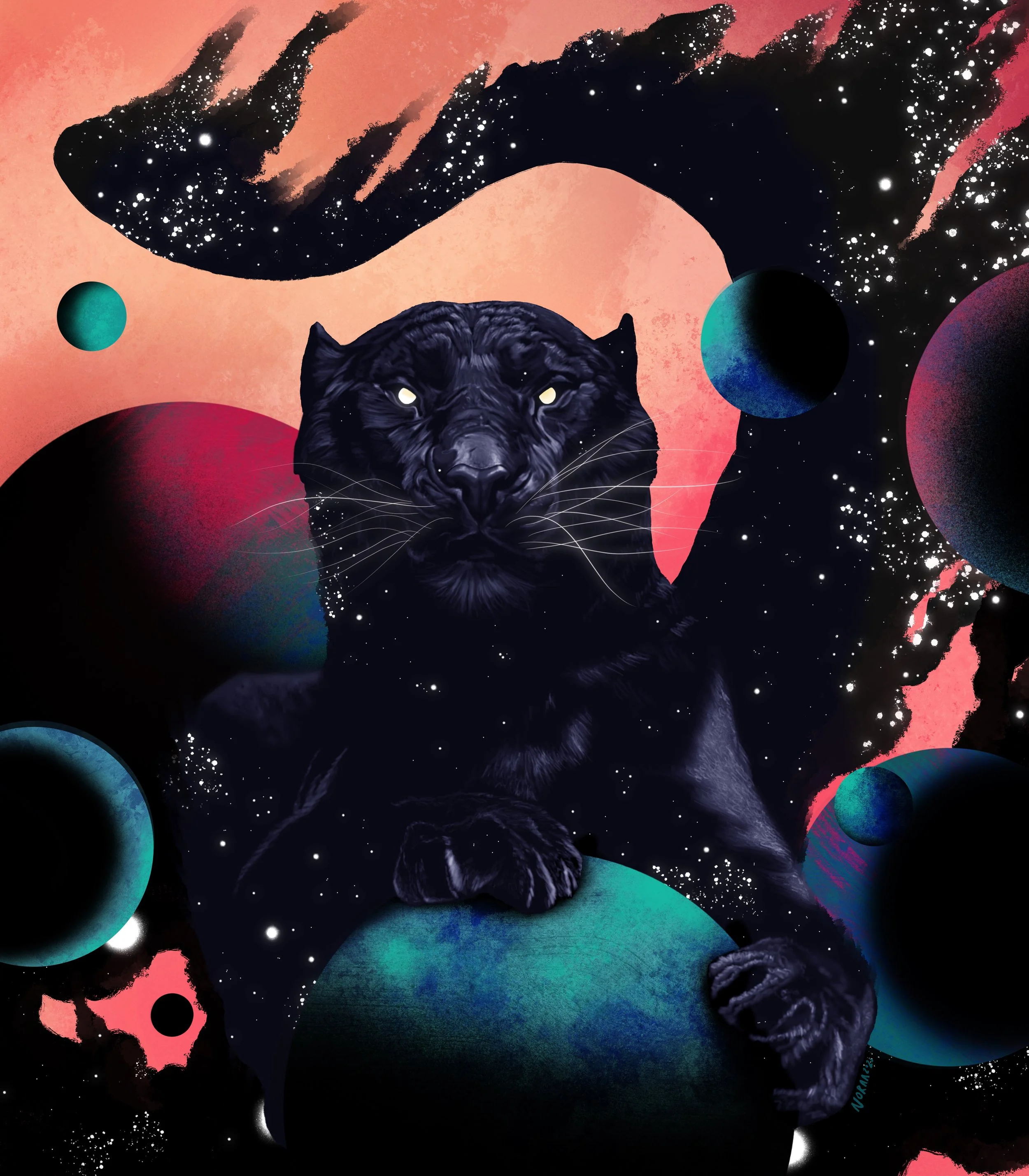Digital artwork featuring a black panther with glowing eyes, set against a celestial background with planets, stars, and cosmic elements in shades of pink, blue, and black.