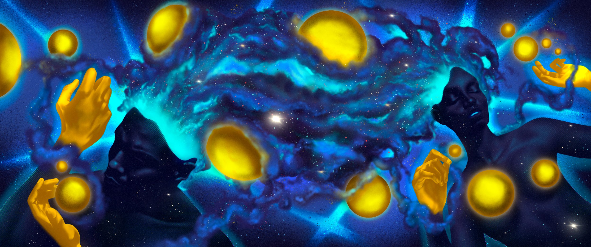 Digital artwork depicting multiple golden yellowhands reaching out to grasp golden spheres floating in a cosmic, blue nebula-like background with stars.