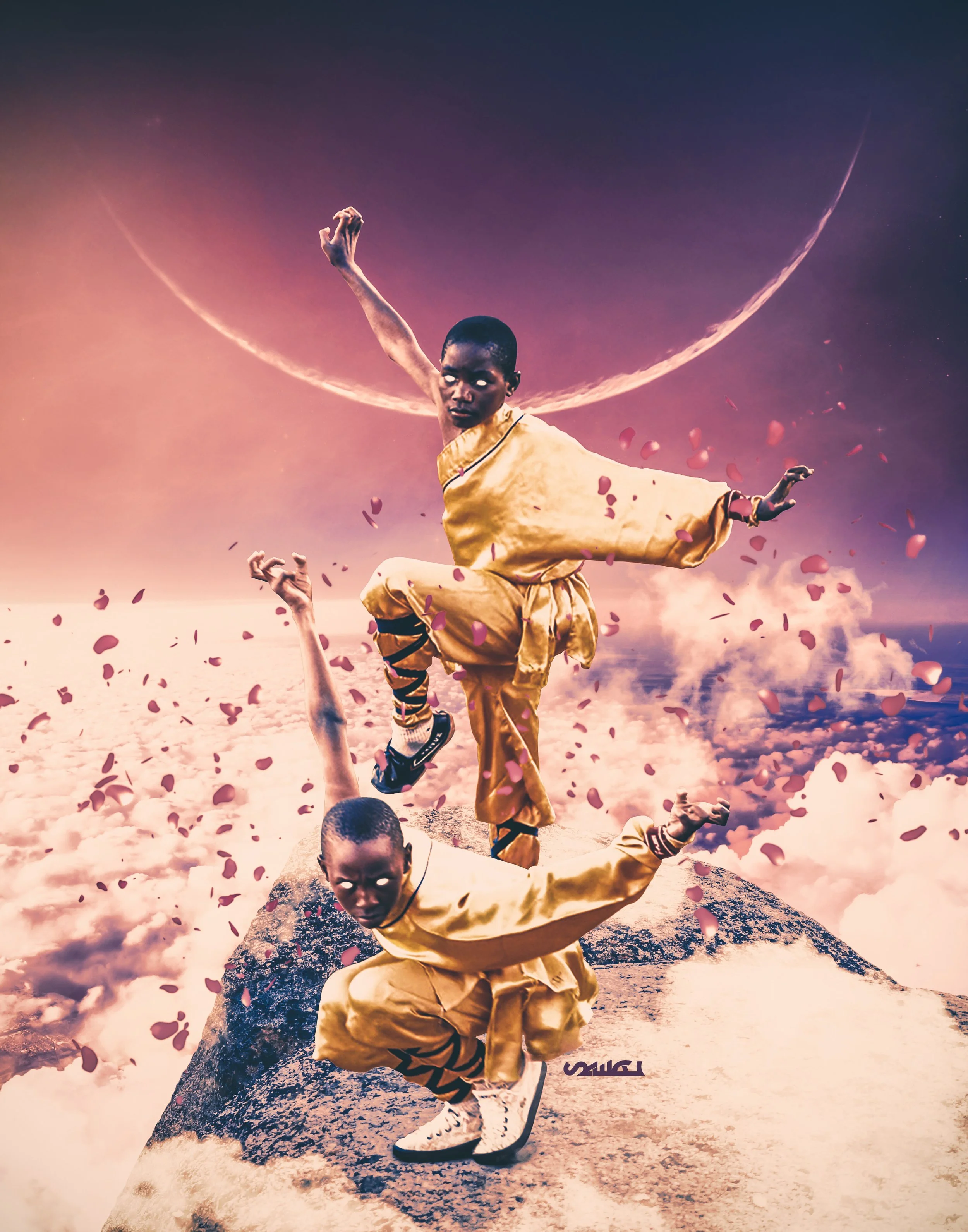 A surreal composition of two young men in gold clothing in martial arts poses on rocks amid clouds and petals scattered around, creating an imaginative scene with elements of fantasy and acrobatics.