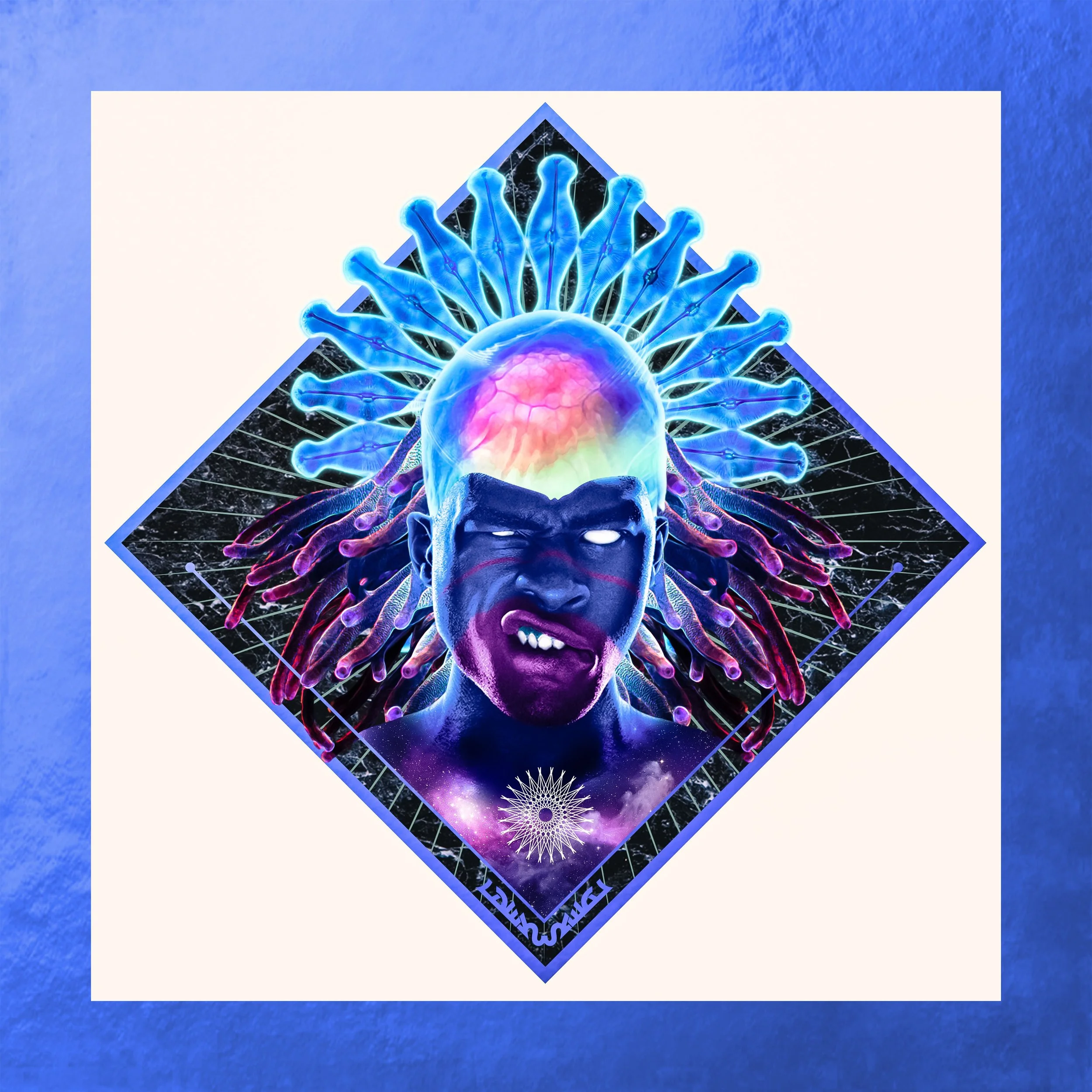 Digital illustration of a human head and brain with neural network and cosmic elements, with a flag-like design and space imagery in the background.