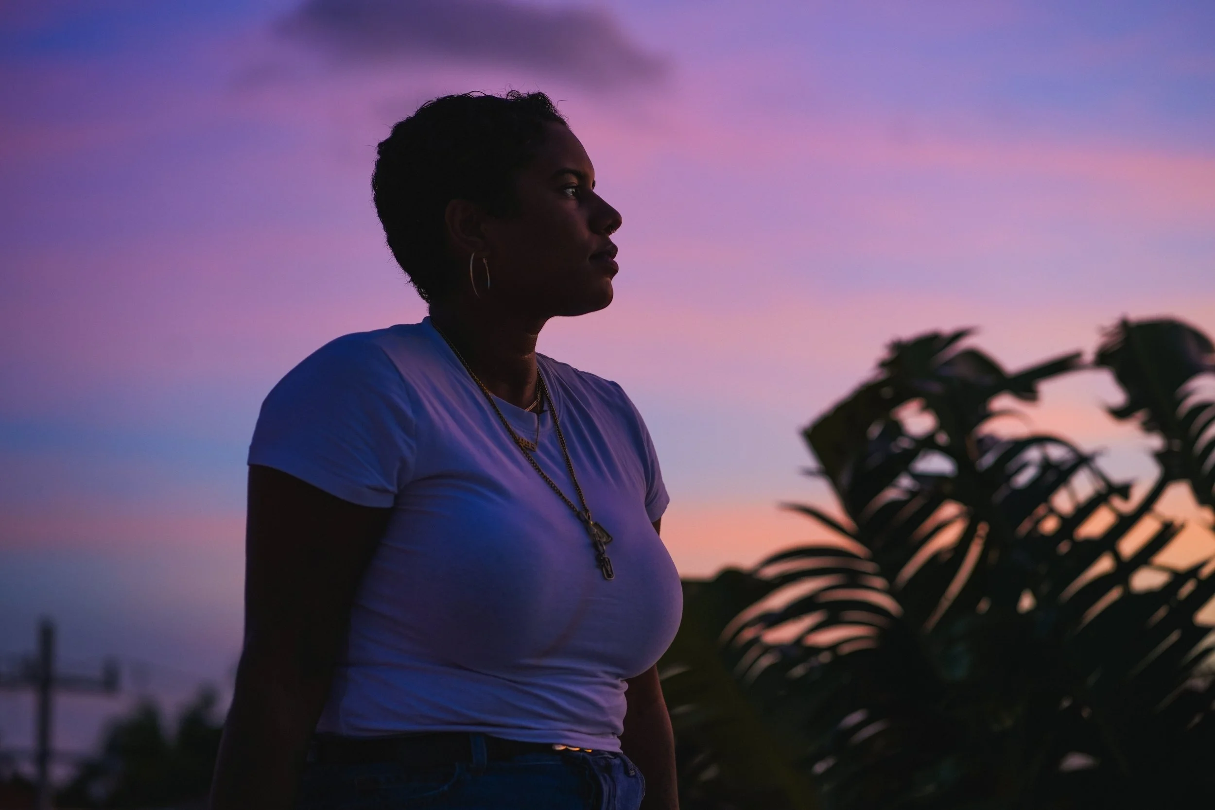 Profile of a woman with short curly hair, earrings, and a white shirt, standing outdoors during sunset with colorful sky and silhouette of plants.