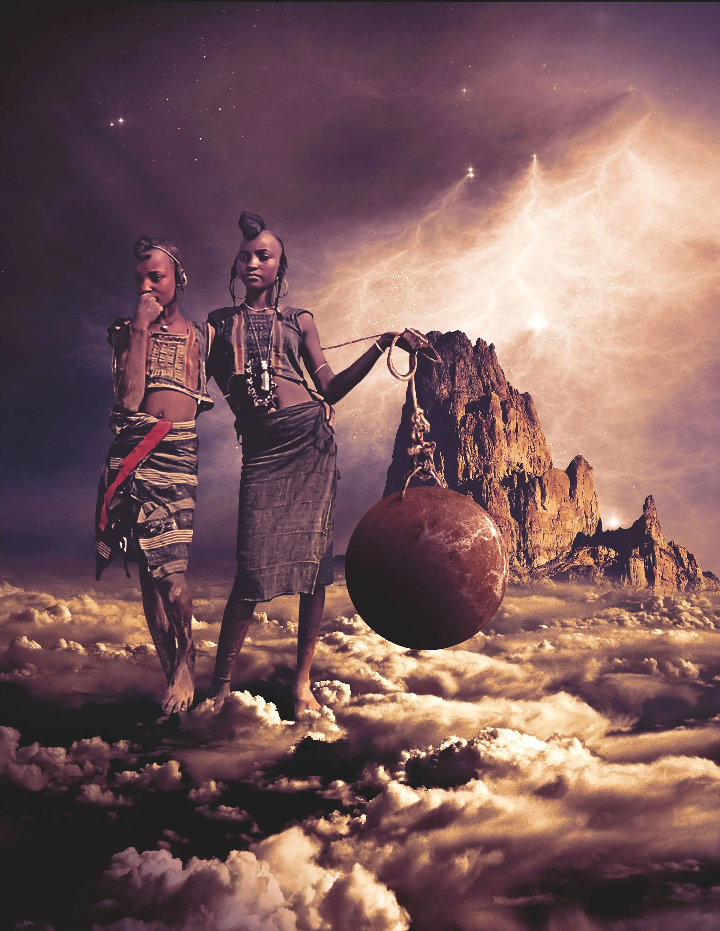 Two young women of African descent standing on clouds with a mountainous landscape behind them under a starry sky and galaxy. One woman is touching her chin while the other is holding a ball attached to a string. Both women are dressed in traditional