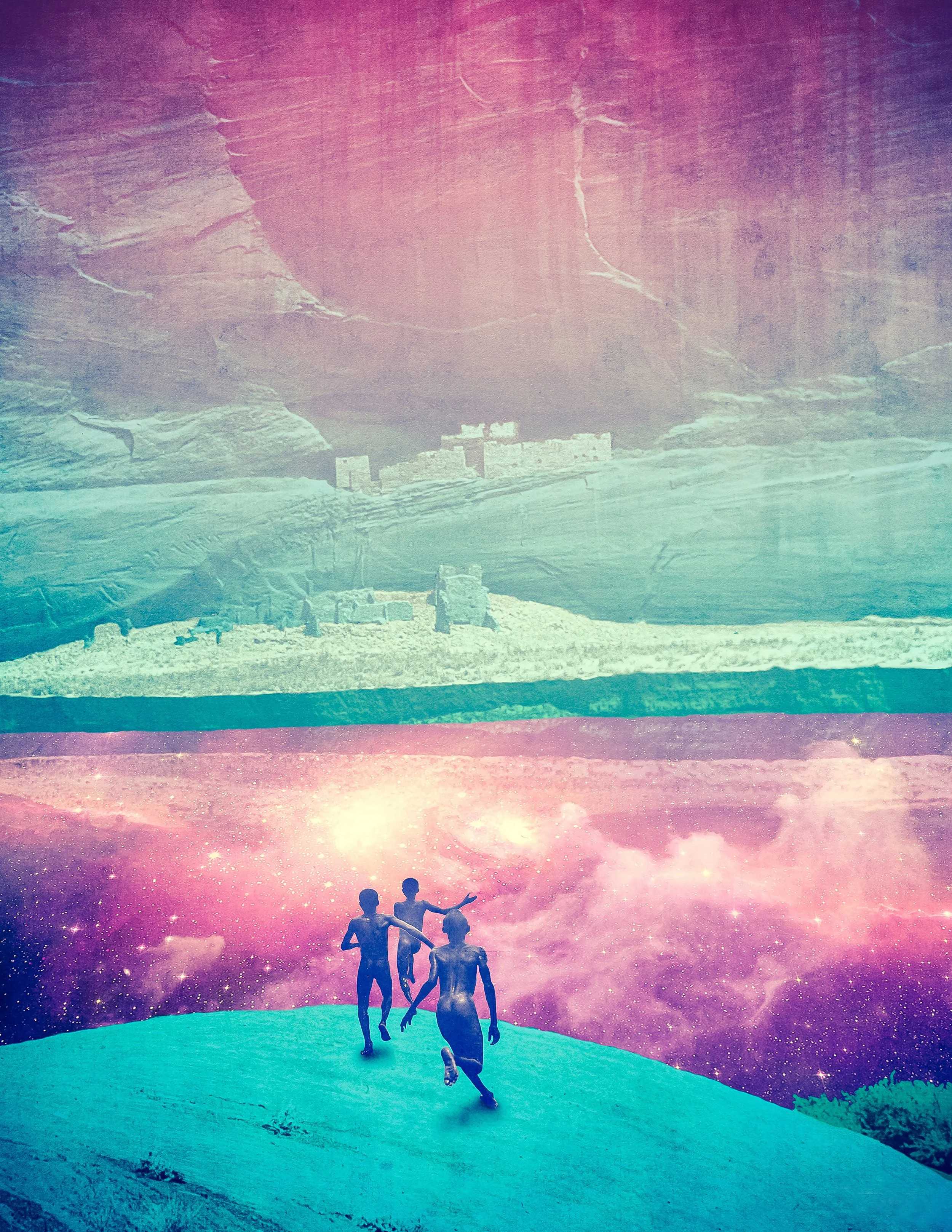 A layered surreal digital artwork featuring a cosmic sky with stars, clouds, and a pastel-colored landscape. Silhouettes of three boys, running toward a lake of space to jump in.