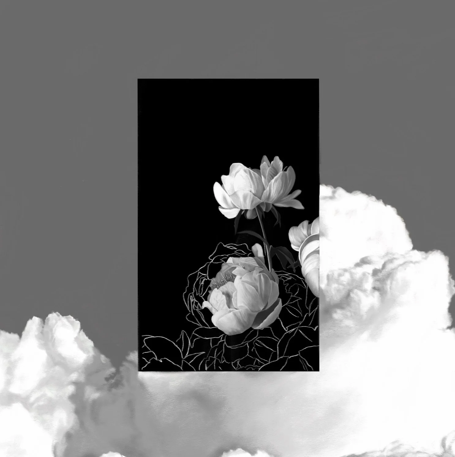 Black and white photo of a cluster of peony flowers on a dark background. The flowers are detailed with petals and leaves, with the image partially overlaid on a cloudy sky background.