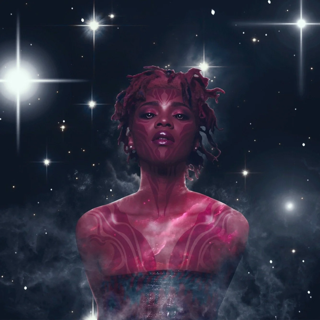 A digital artwork of a woman with pink and reddish dreadlocks, adorned with body paint resembling star patterns, surrounded by a cosmic background with stars and nebulae.