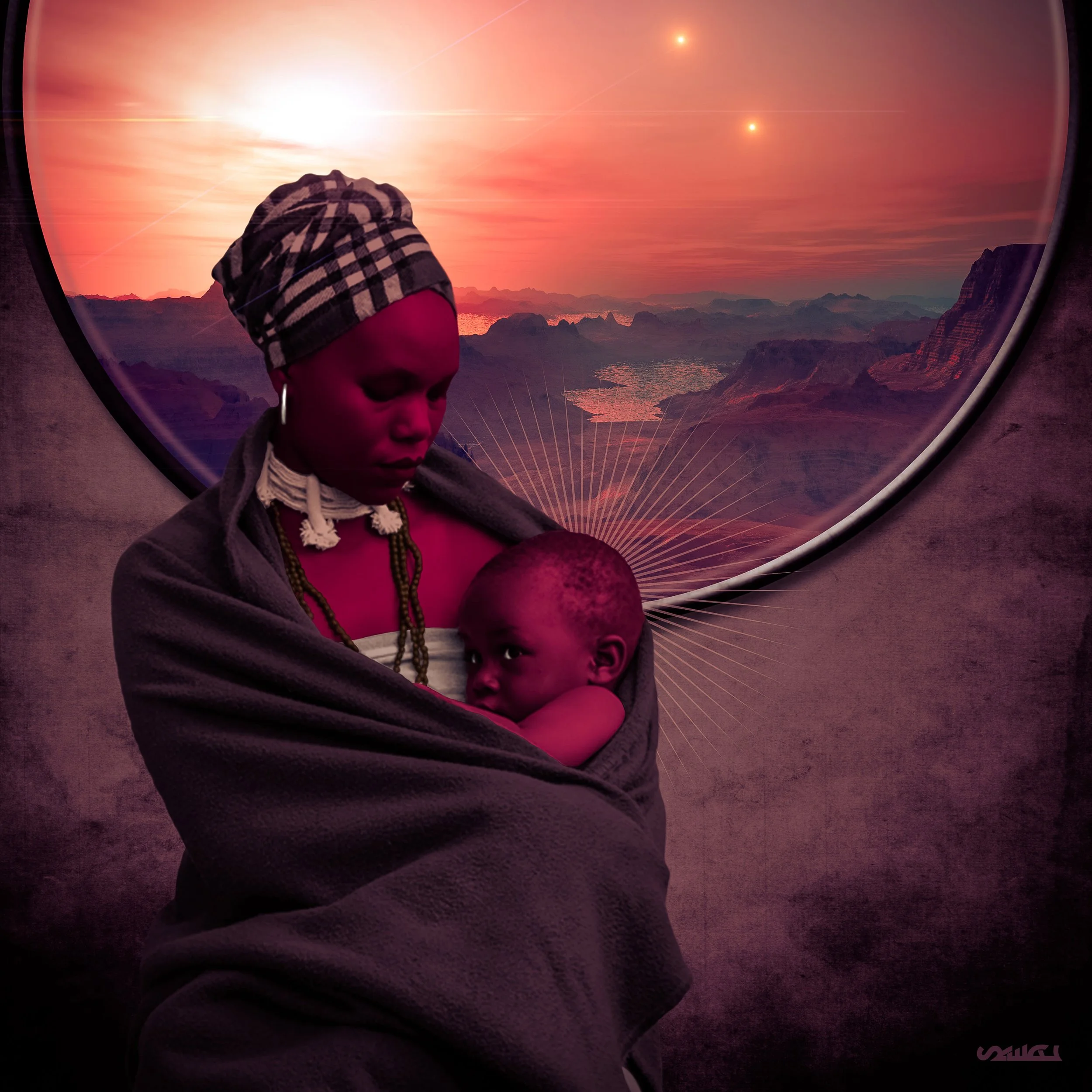 A child wearing a checkered hat and pink clothing is looking at a landscape view through an airplane window at sunset, with mountains, water, and the sky visible.