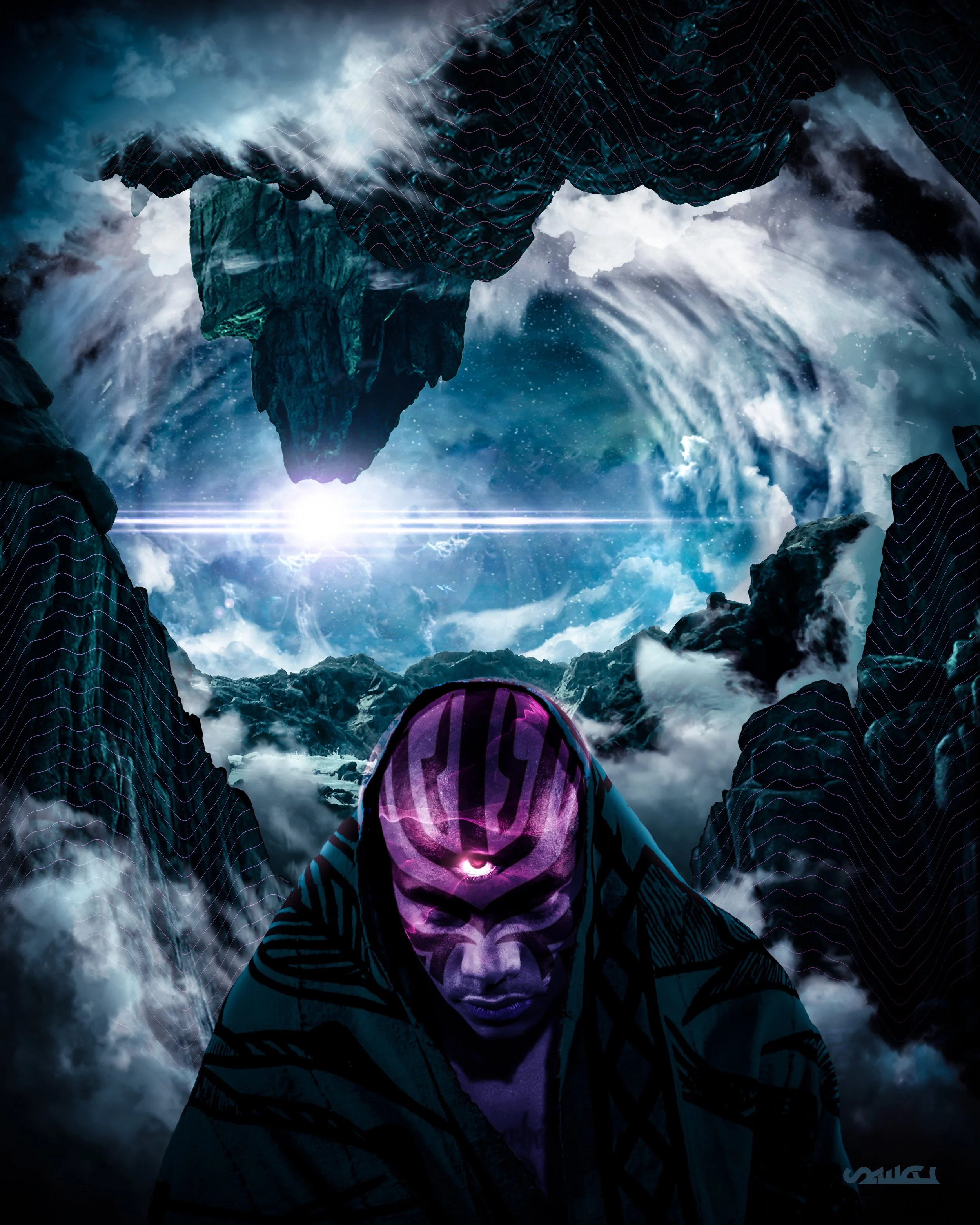 A person wearing a cloak, looking down, with a glowing purple third-eye on their face against a dramatic mountain and cloudy sky background. Digital effects and outlines are also overlaid.