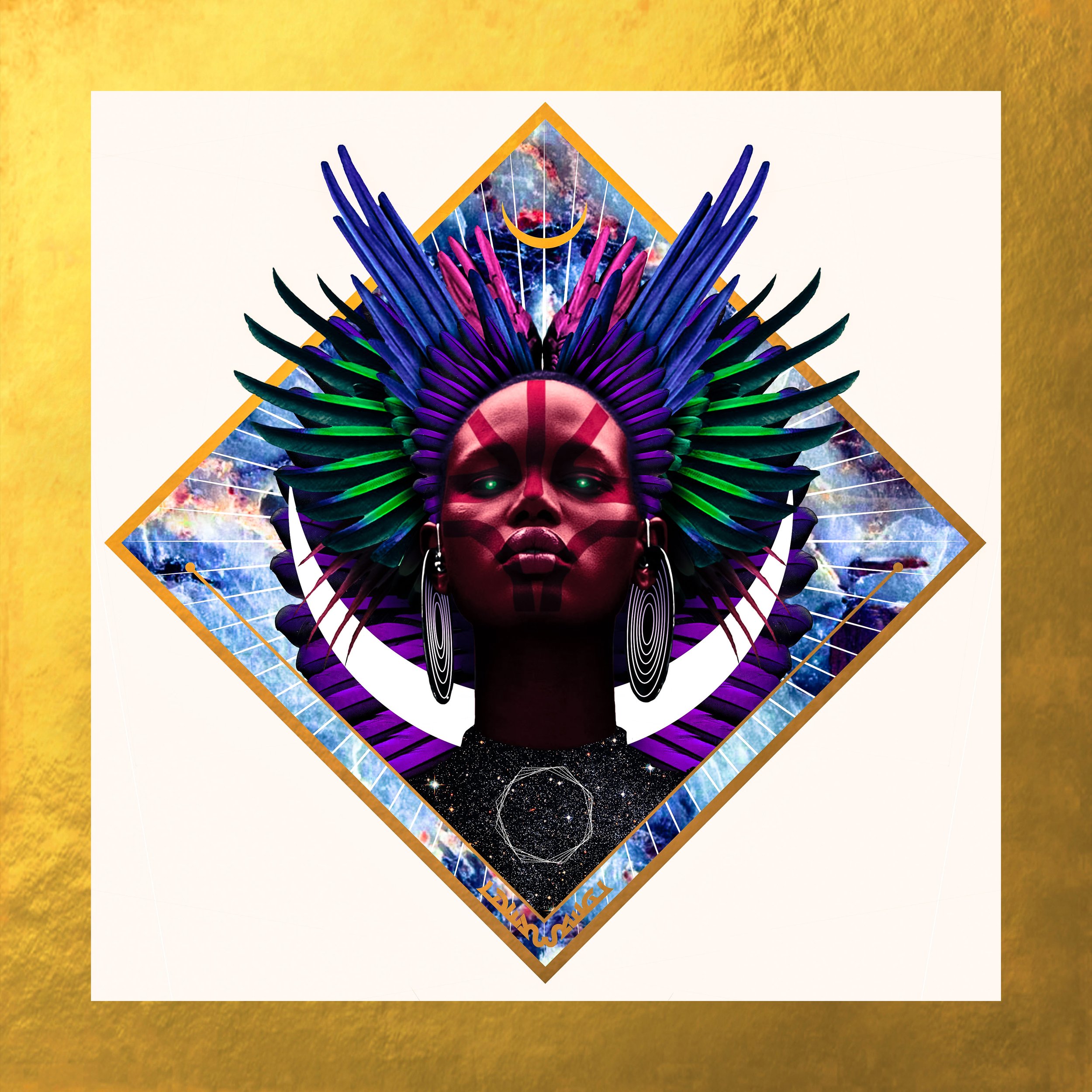 A colorful, intricate digital artwork featuring a stylized humanoid figure with a cosmic background, surrounded by geometric shapes, feathers, and a crescent moon, with the text 'Thank You' at the bottom.