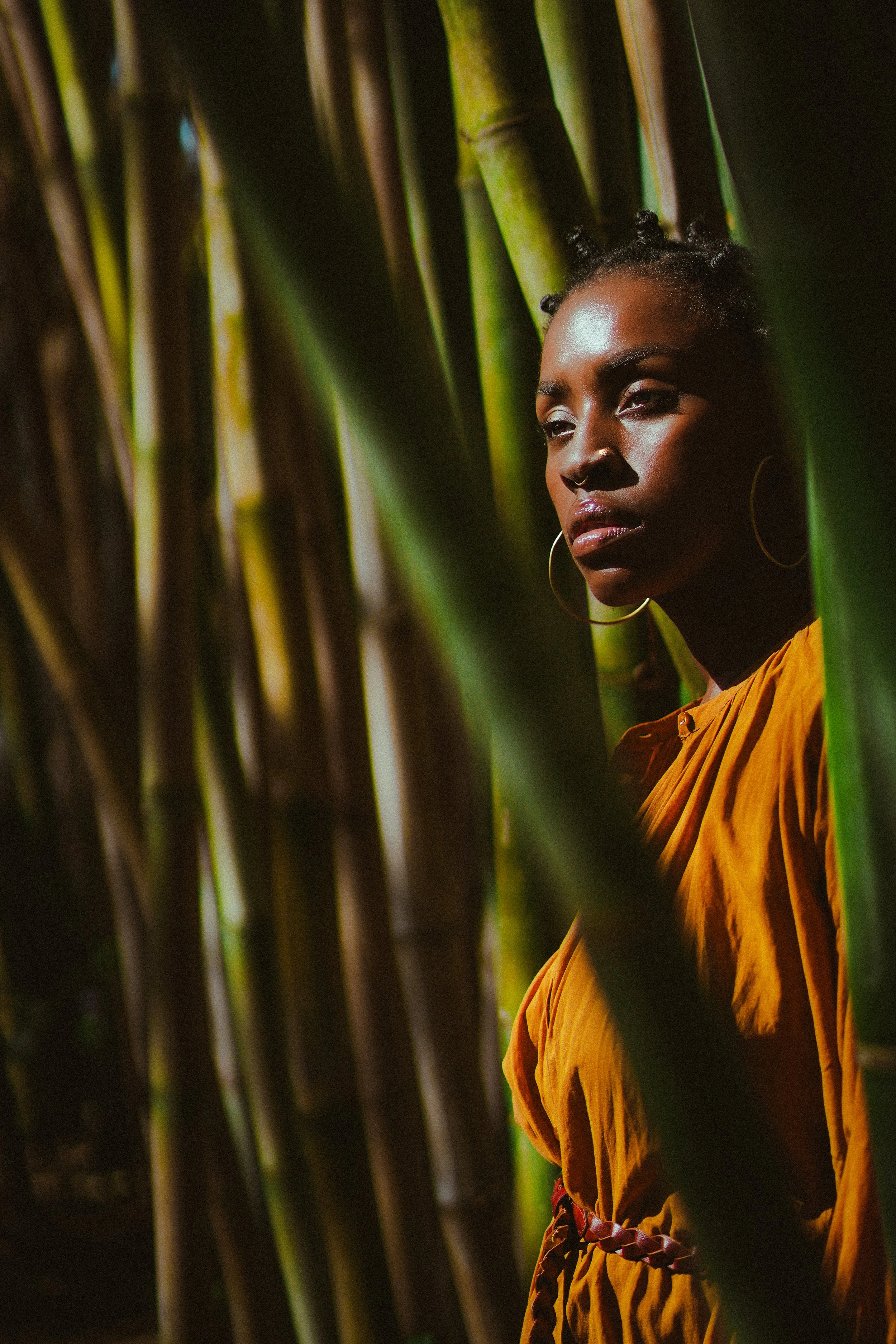 A woman with dark skin and braided hair standing among tall green plants, wearing a yellow blouse and large hoop earrings, illuminated by sunlight.