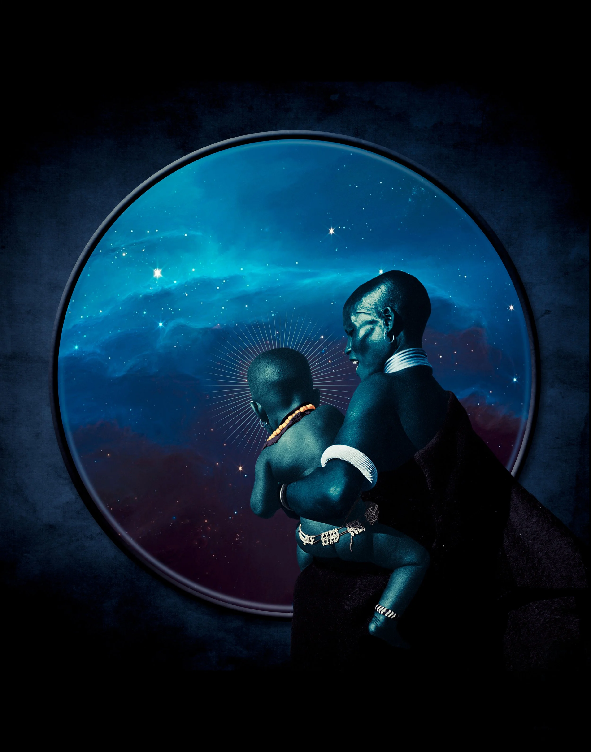 A digital artwork showing two abstract human figures with vibrant blue skin, adorned with jewelry. The background features a cosmic scene with stars and nebulae, framed within a circular border.