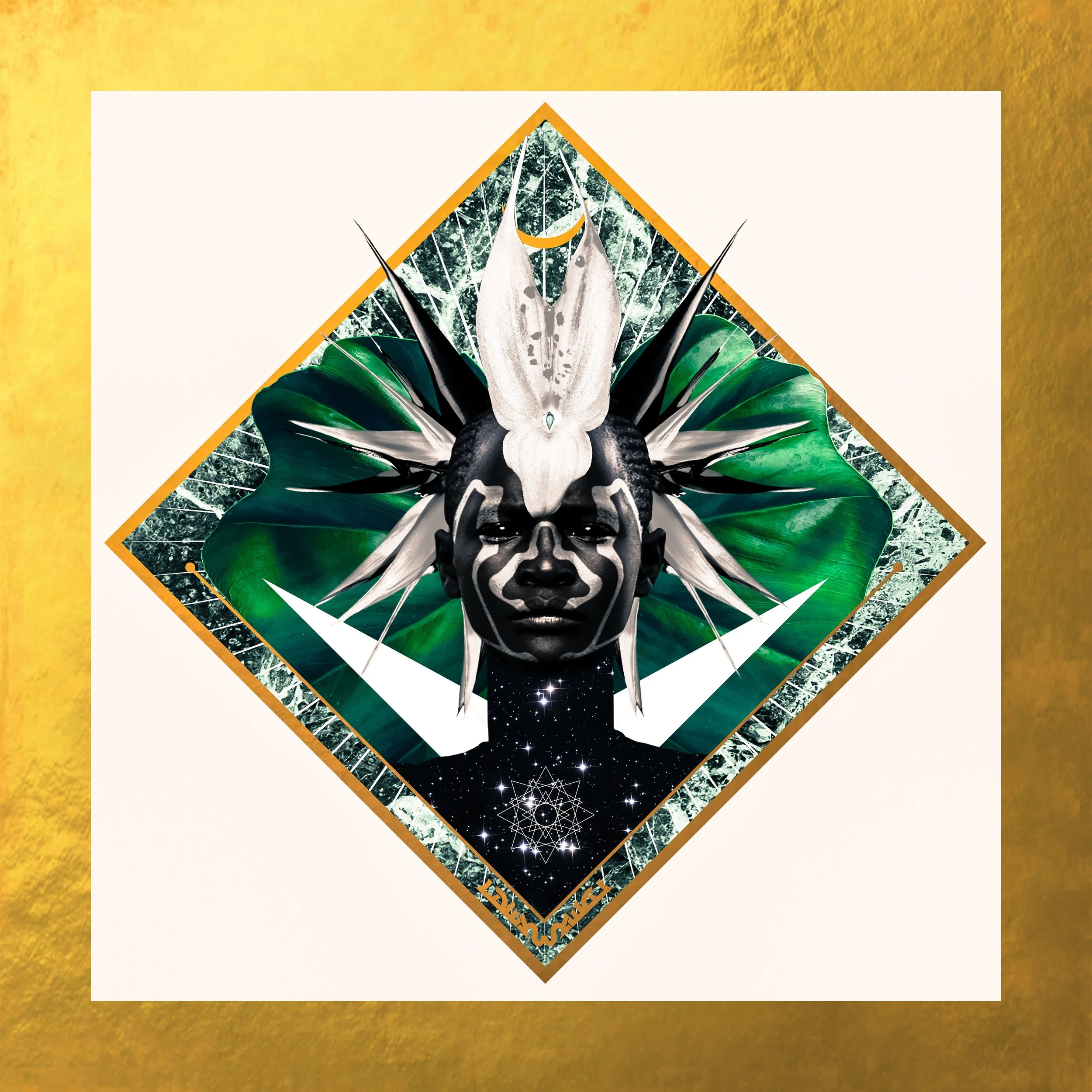 Decorative poster featuring a symmetrical design of a skull with a fox face and tribal patterns, surrounded by green plant leaves and cosmic elements, set against a geometric background with starry patterns.