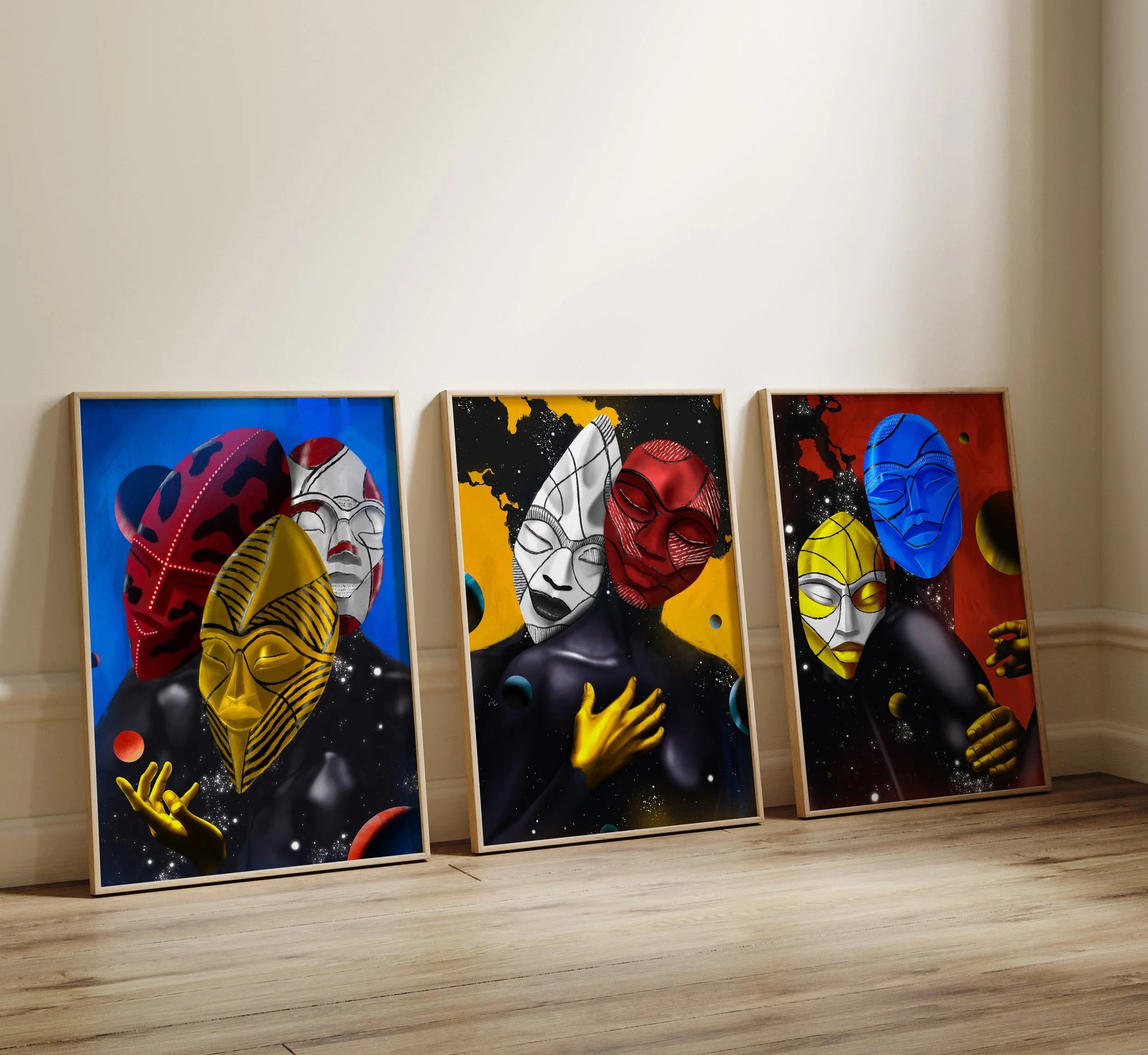 Three framed and colorful paintings with abstract face designs leaning against a wall on a wooden floor.