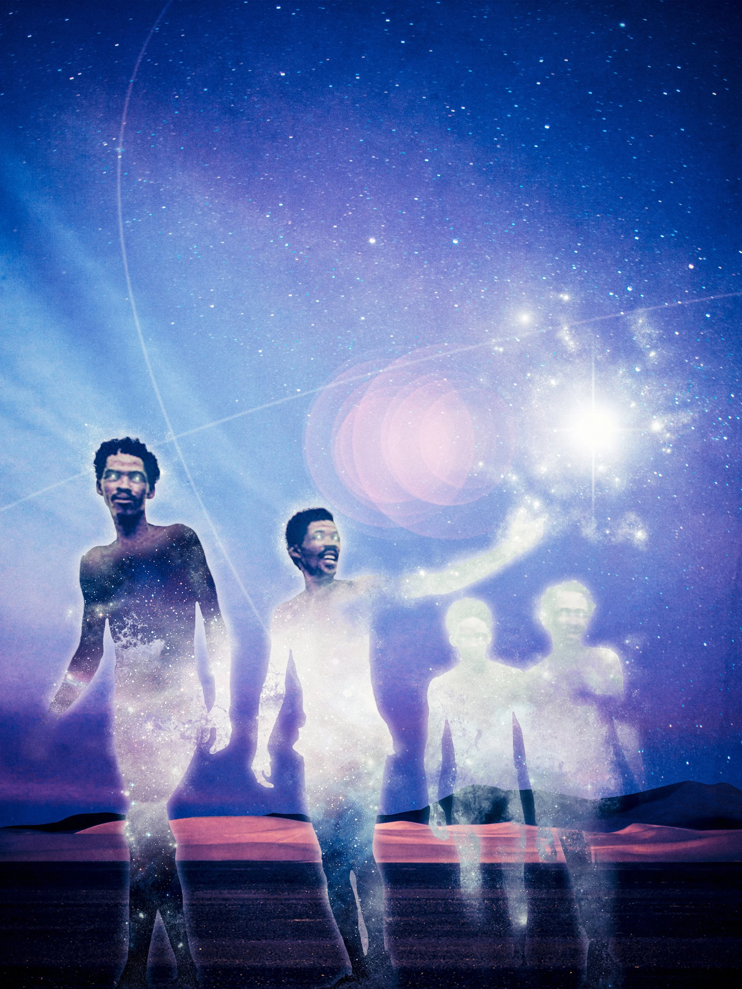 Three human silhouettes with galaxy patterns stand on a landscape under a starry sky with constellations and celestial light effects.