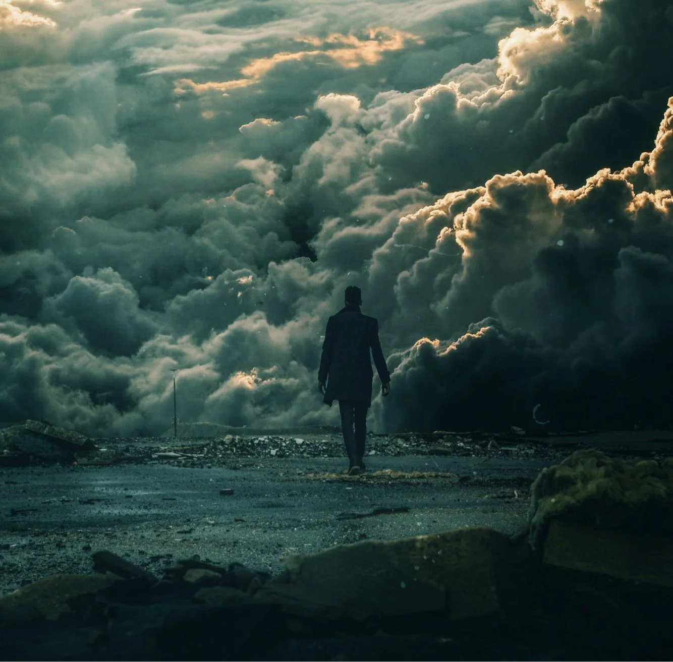 A person in a dark coat walking on a desolate, debris-strewn terrain with a dramatic sky filled with large, billowing clouds overhead.