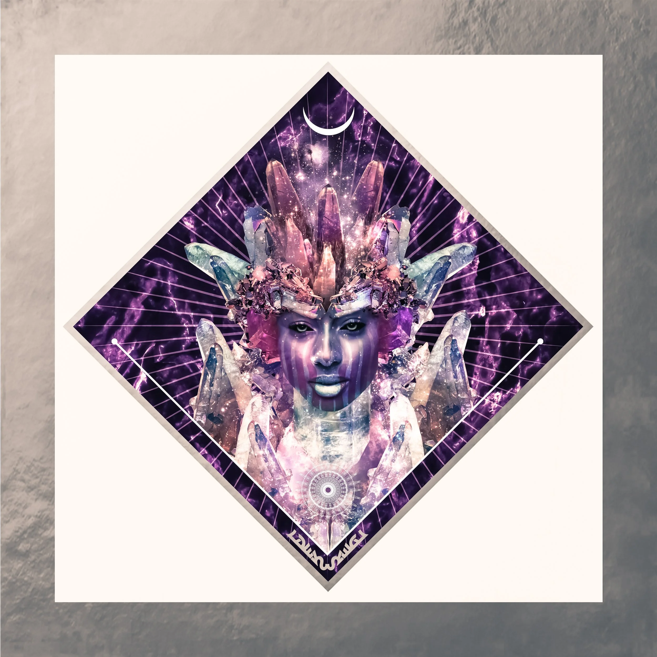 A poster featuring a digital collage of a woman's face with eyes and nose visible, surrounded by crystals, cosmic imagery, and purple lightning, with geometric lines and patterns.