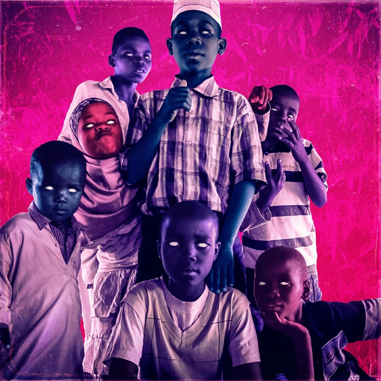 Group of children with altered appearance, white eyes, posed against a pink background.