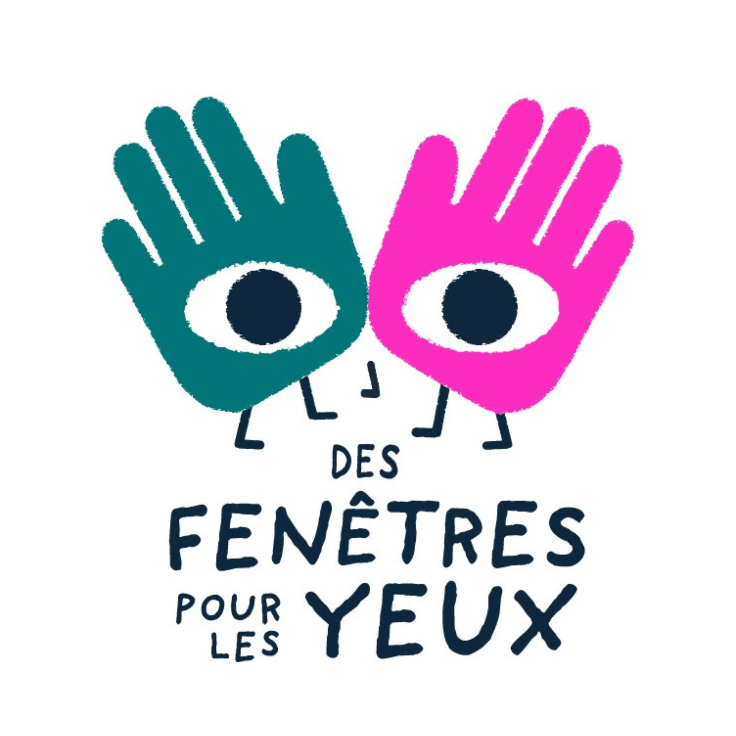 Deux mains stylisées, une en bleu et une en rose, se tiennent main dans la main. Le texte en dessous dit 'Pour ceux qui aiment les yeux'.