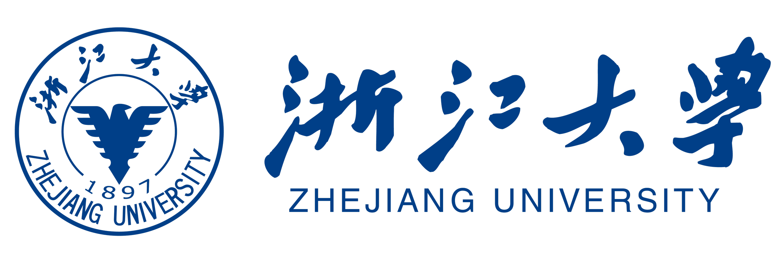Logo of Zhejiang University with text in Chinese characters and English, featuring a blue circular emblem with a stylized bird and the year 1897.