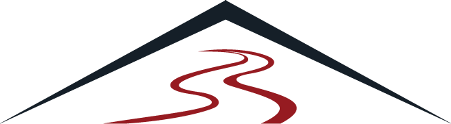 A stylized logo with a black mountain silhouette, red winding path, and white background.