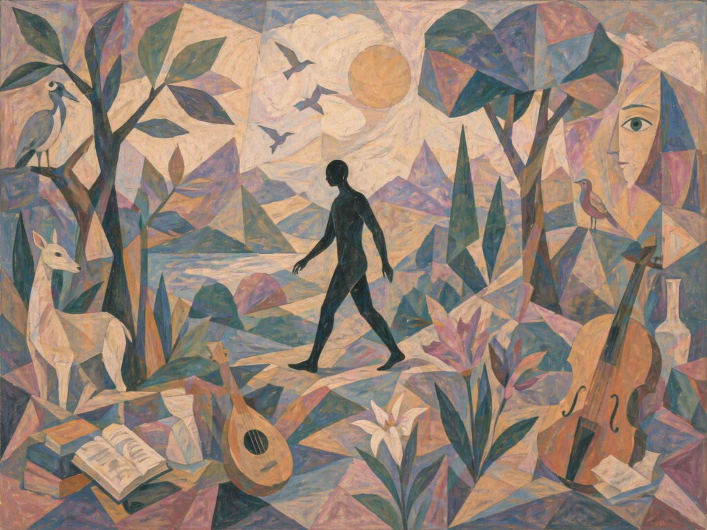 A colorful abstract painting depicting a man walking through a landscape with trees, birds, a deer, a violin, a guitar, an open book, a bottle, and a face with one eye visible.