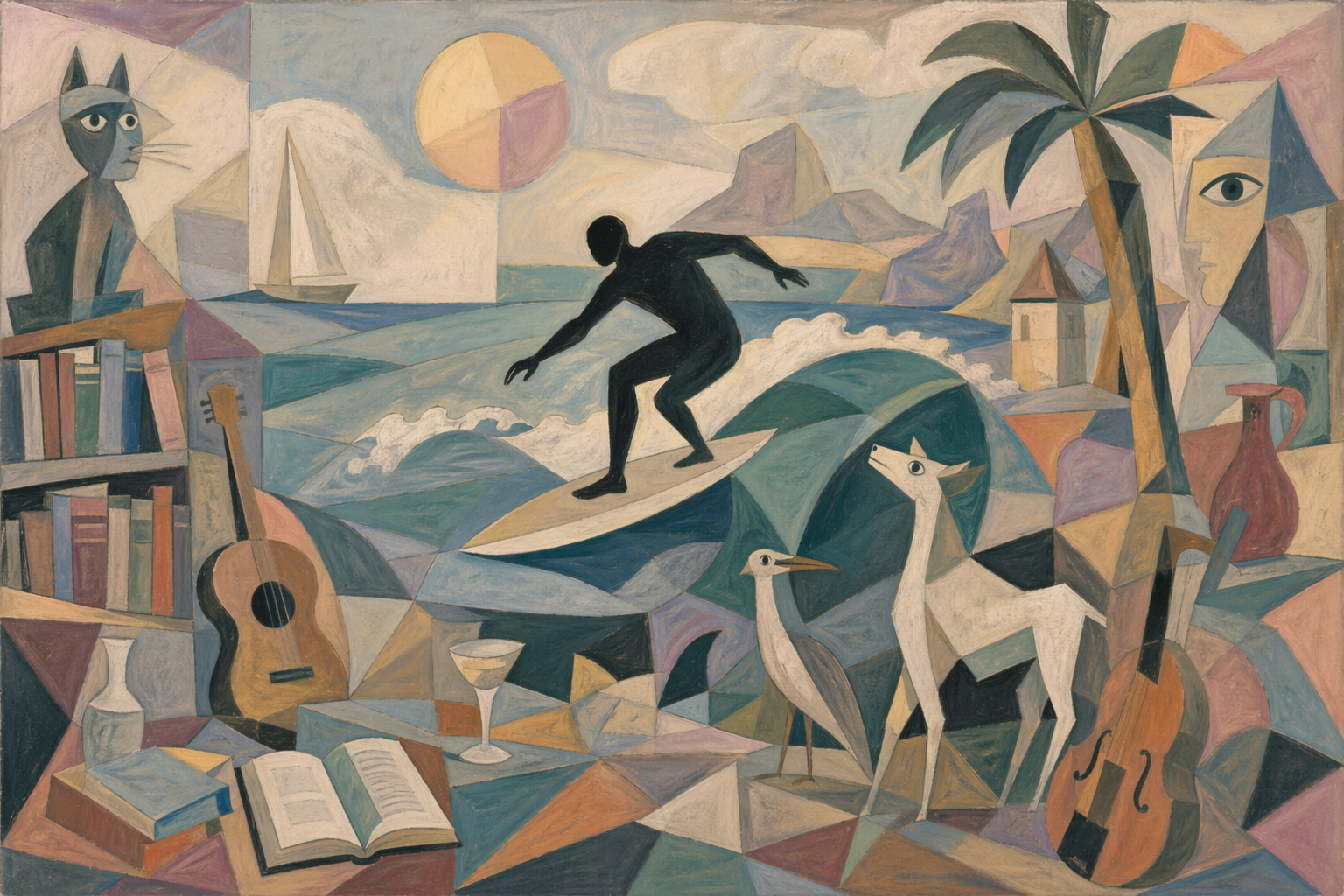 Cubist-style painting of a person surfing on a wave with various objects around, including books, a guitar, a seagull, a cat, a window with an eye, a palm tree, a vase, and a sailing boat in a colorful abstract landscape.