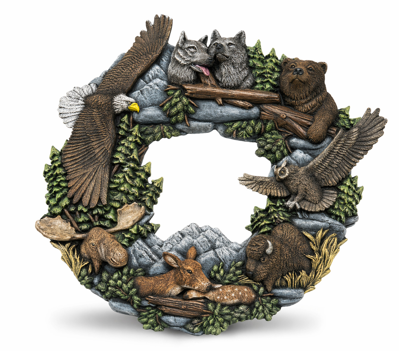 A decorative wreath with carved depictions of various North American wildlife including an eagle, bear, wolf, hawk, deer, otter, and owl, surrounded by trees and rocks.