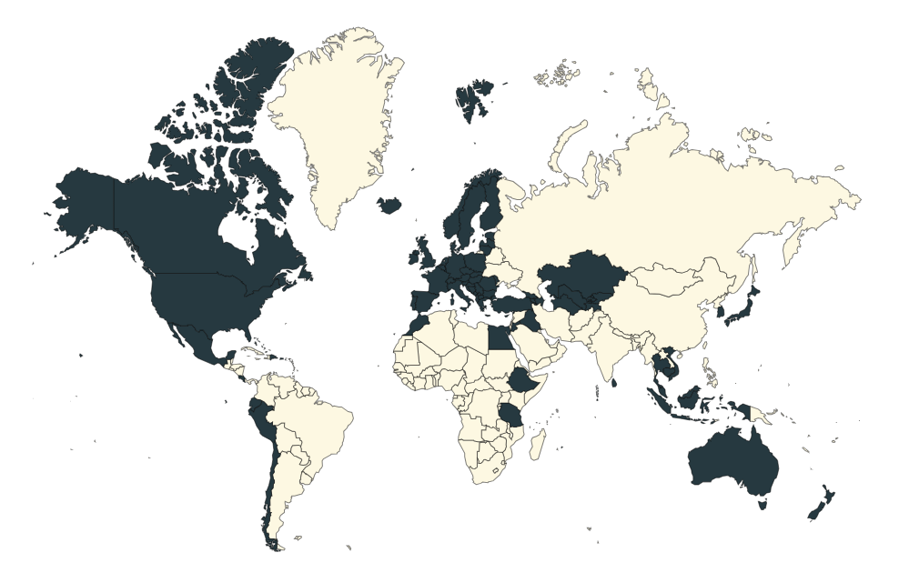 World map highlighting certain countries in dark color, with many countries in white.