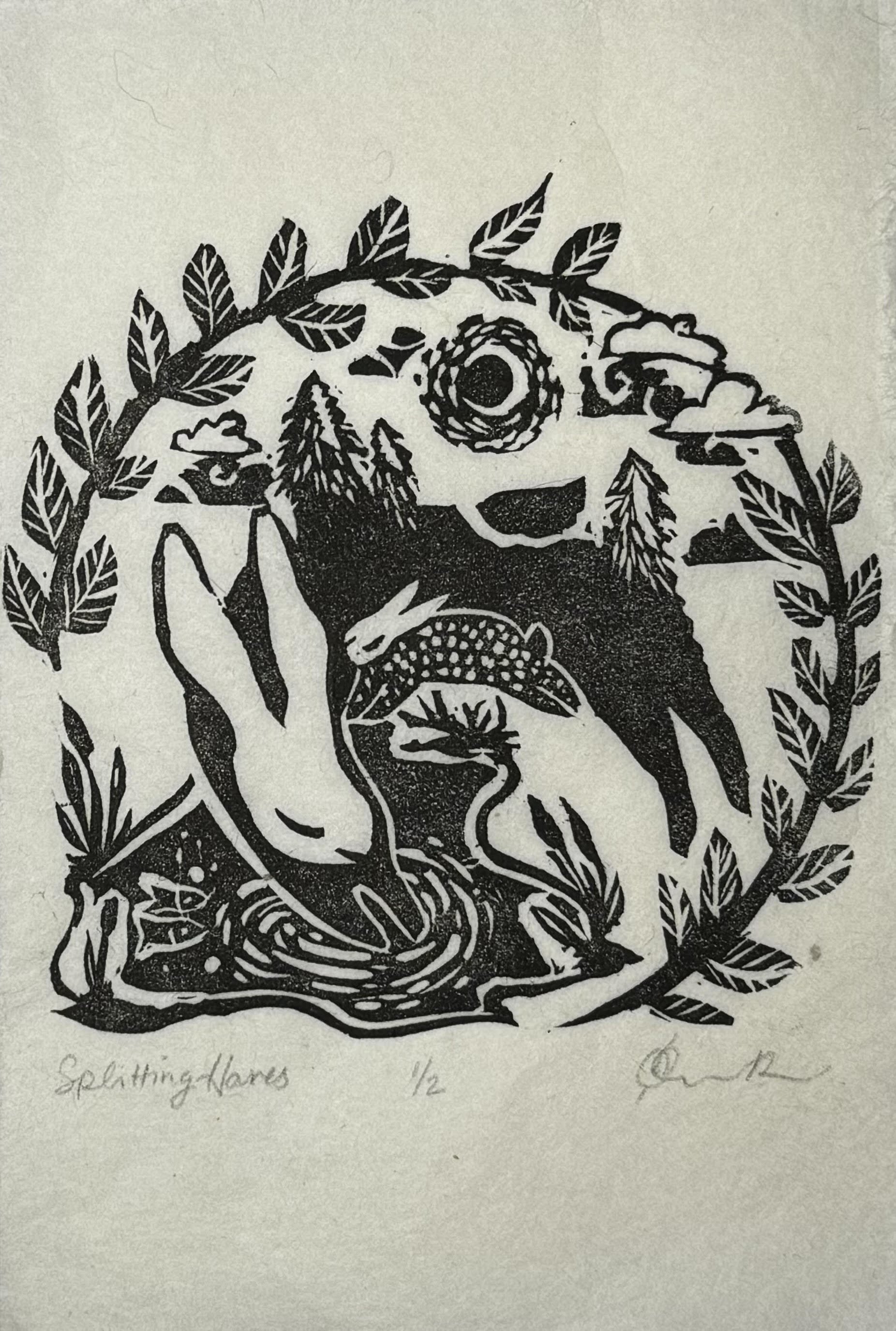 “Splitting Hares” 4x6” linocut print on Kozo and Mulberry papers, 2024