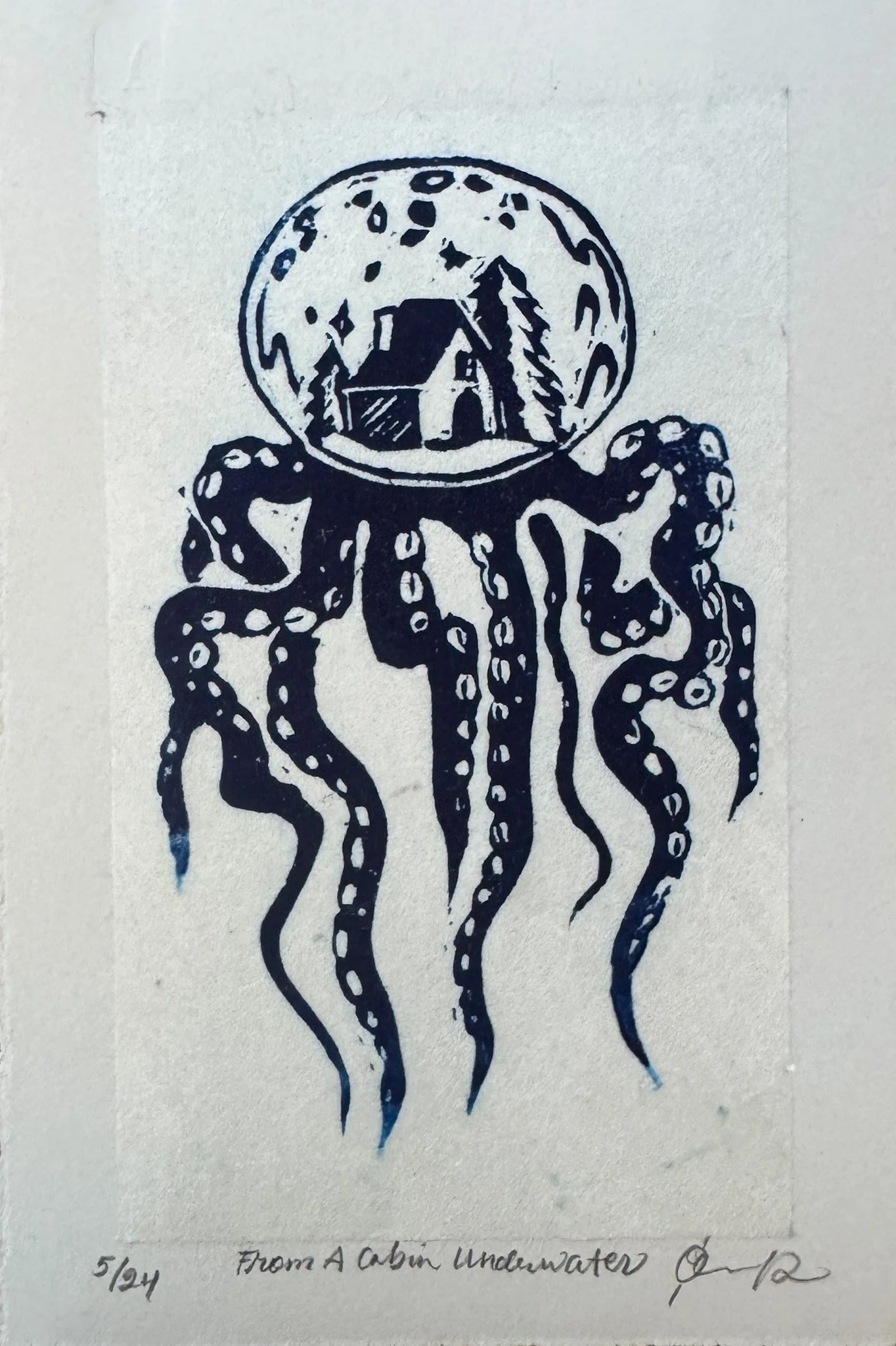 "From A Cabin Underwater" 4x6" linocut, 2024