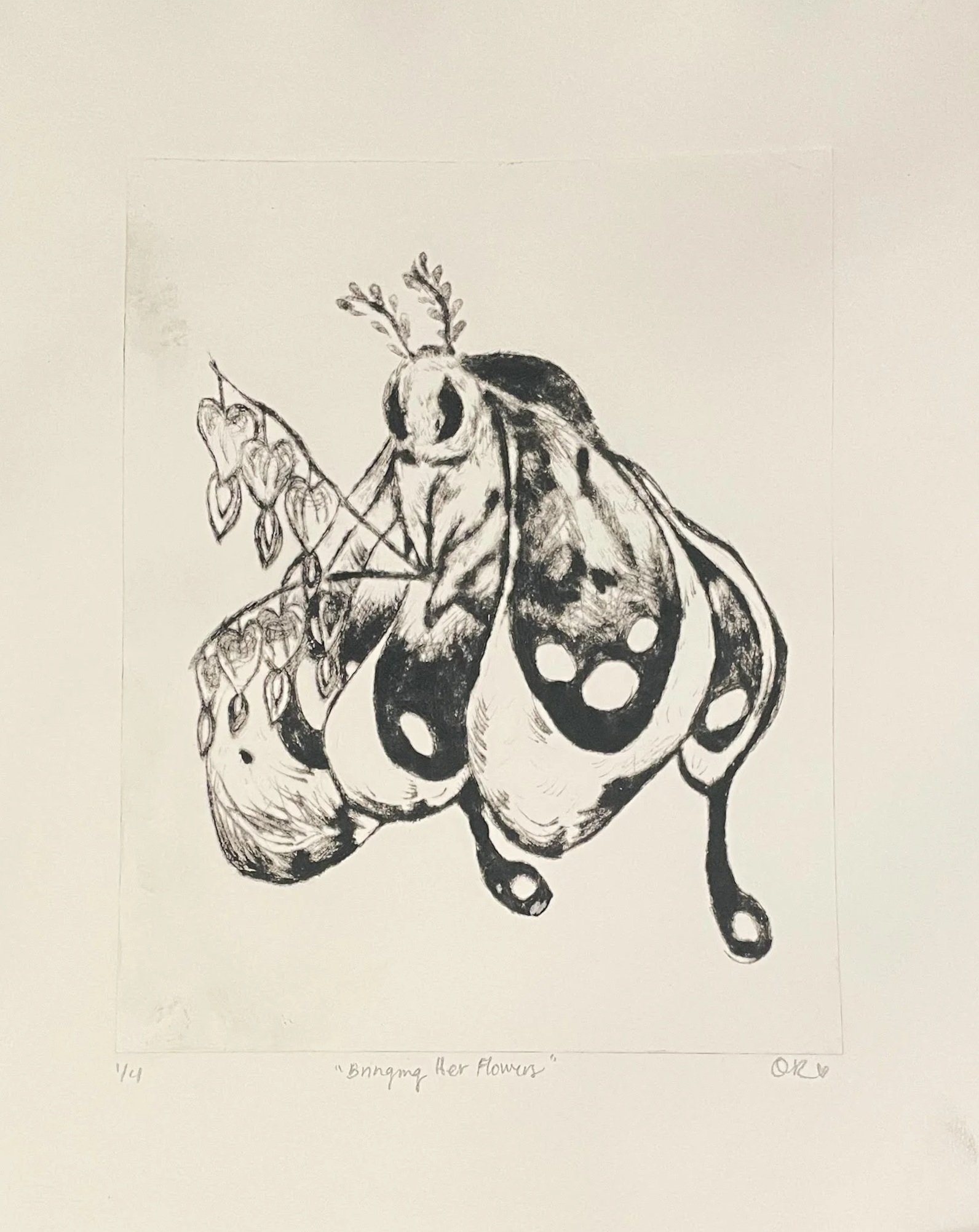 "Bringing Her Flowers" 11x14" drypoint etching on rag paper, 2023
