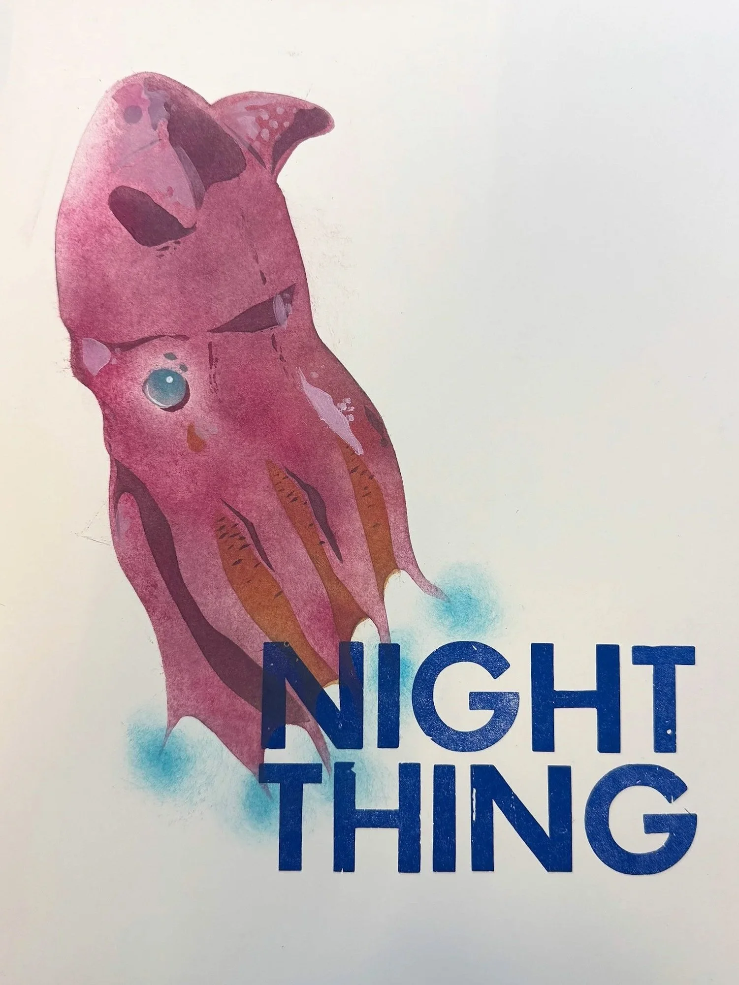 “Night Thing” 9x12” letterpress with pochoir, 2025