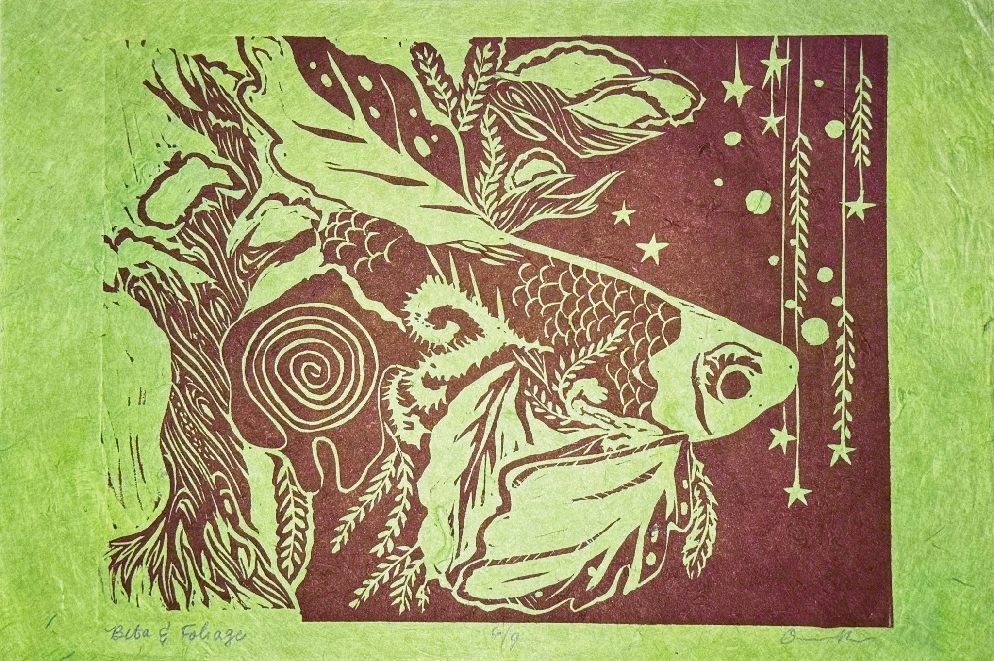 "Betta & Foliage" 7x10" linocut on eastern paper (red/green), 2024