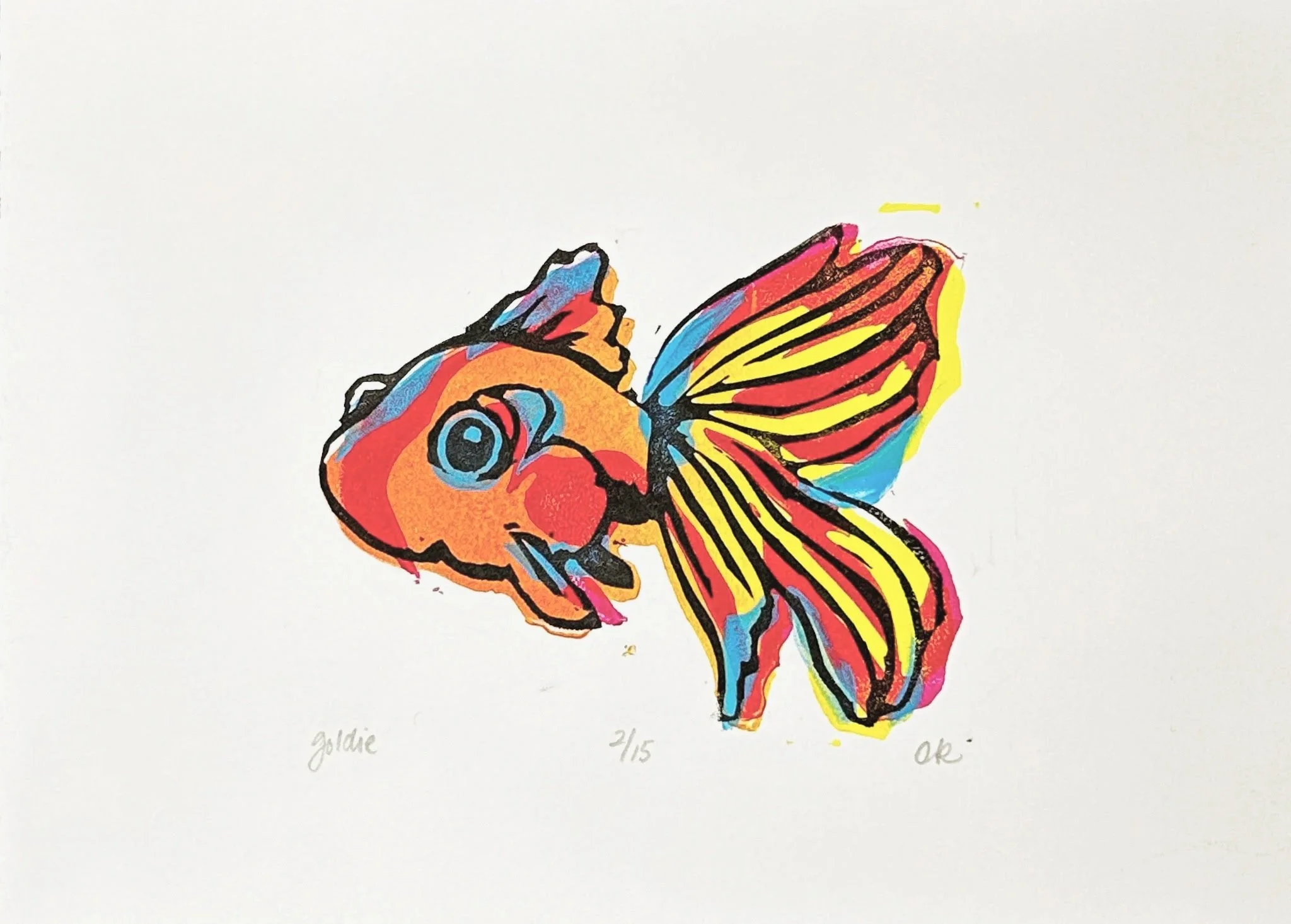 "Goldie" 5x7" multiblock linocut on cardstock, 2023