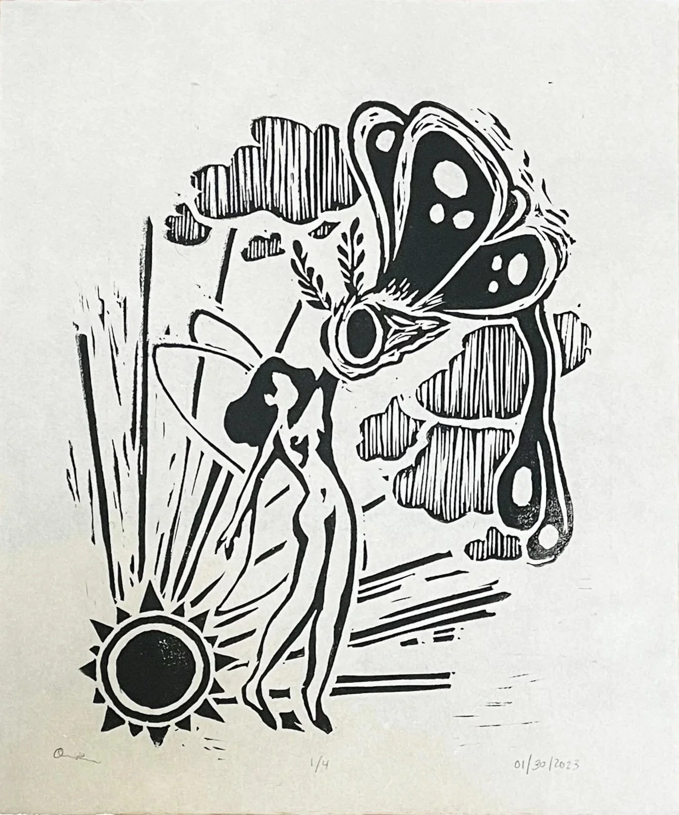 “Meet" 11x14" linocut on Mulberry paper, 2023