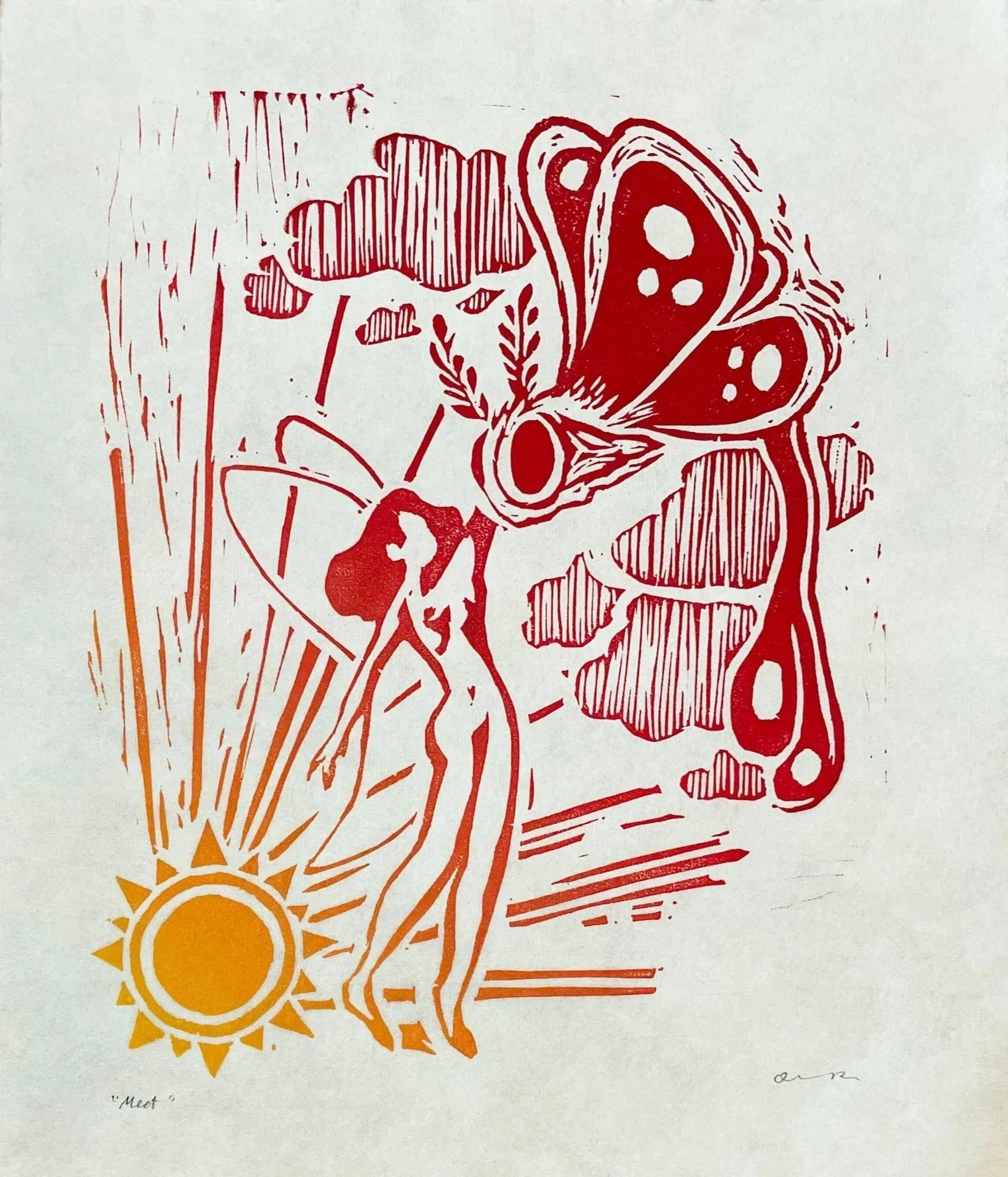 “Meet" 11x14" linocut (blend roll) on Mulberry paper, 2023