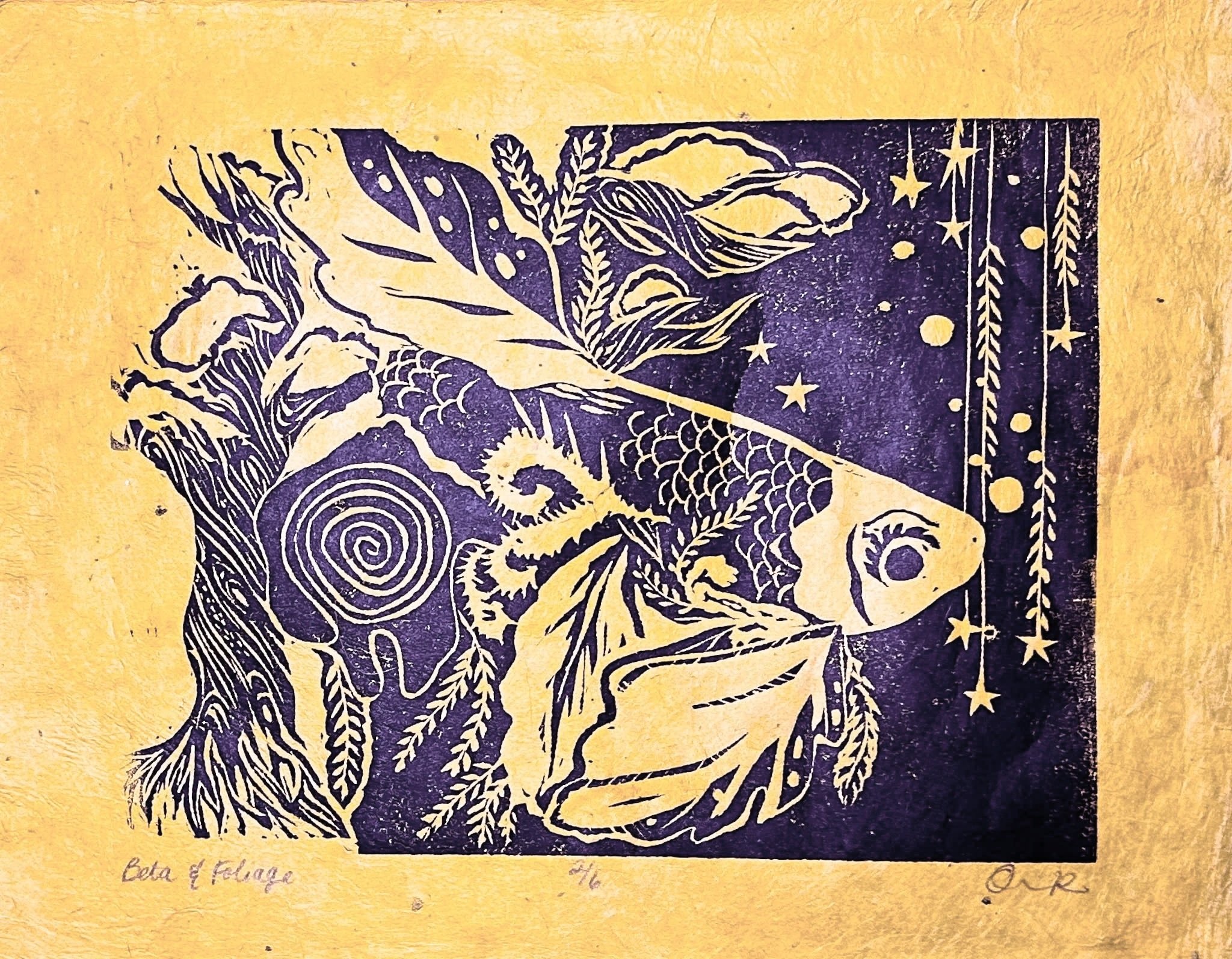 "Betta & Foliage" 8x10" linocut on eastern paper (blue/orange), 2024