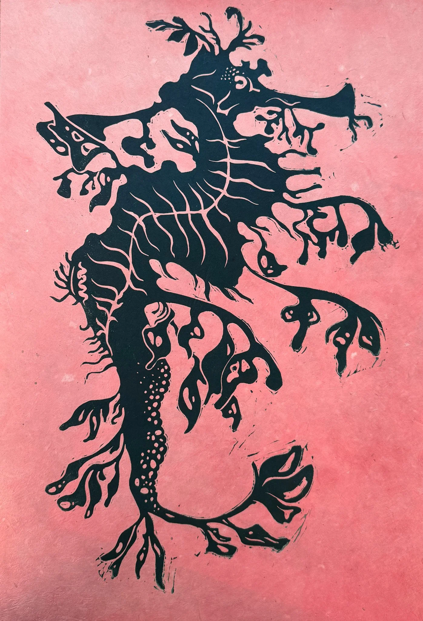 "Leafy Sea Dragon" 13x19" linocut on Lokta (pink), 2024