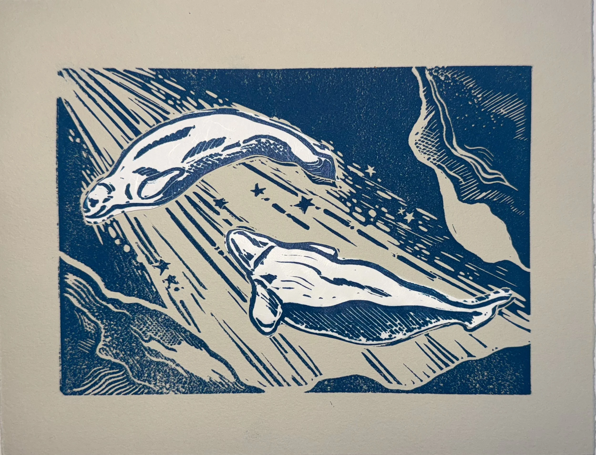 Beluga Study v.1 6x9" linocut and chine colle on gray Arches BFK, 2026