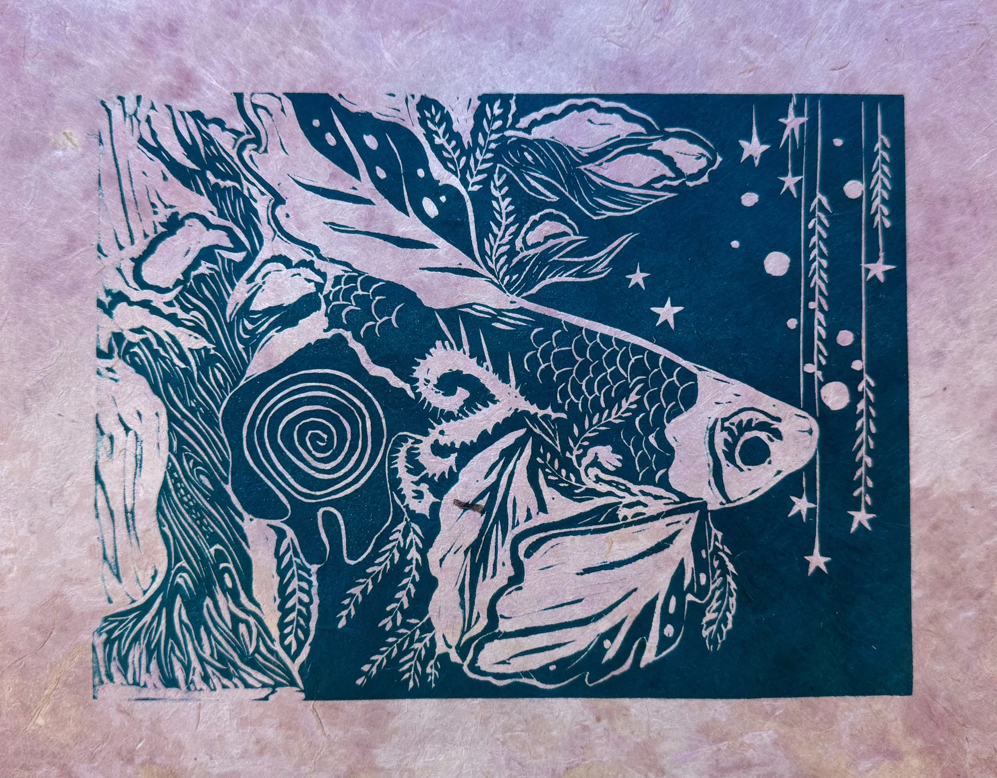 "Betta & Foliage" 8x10" linocut on eastern paper (blue/mauve), 2024
