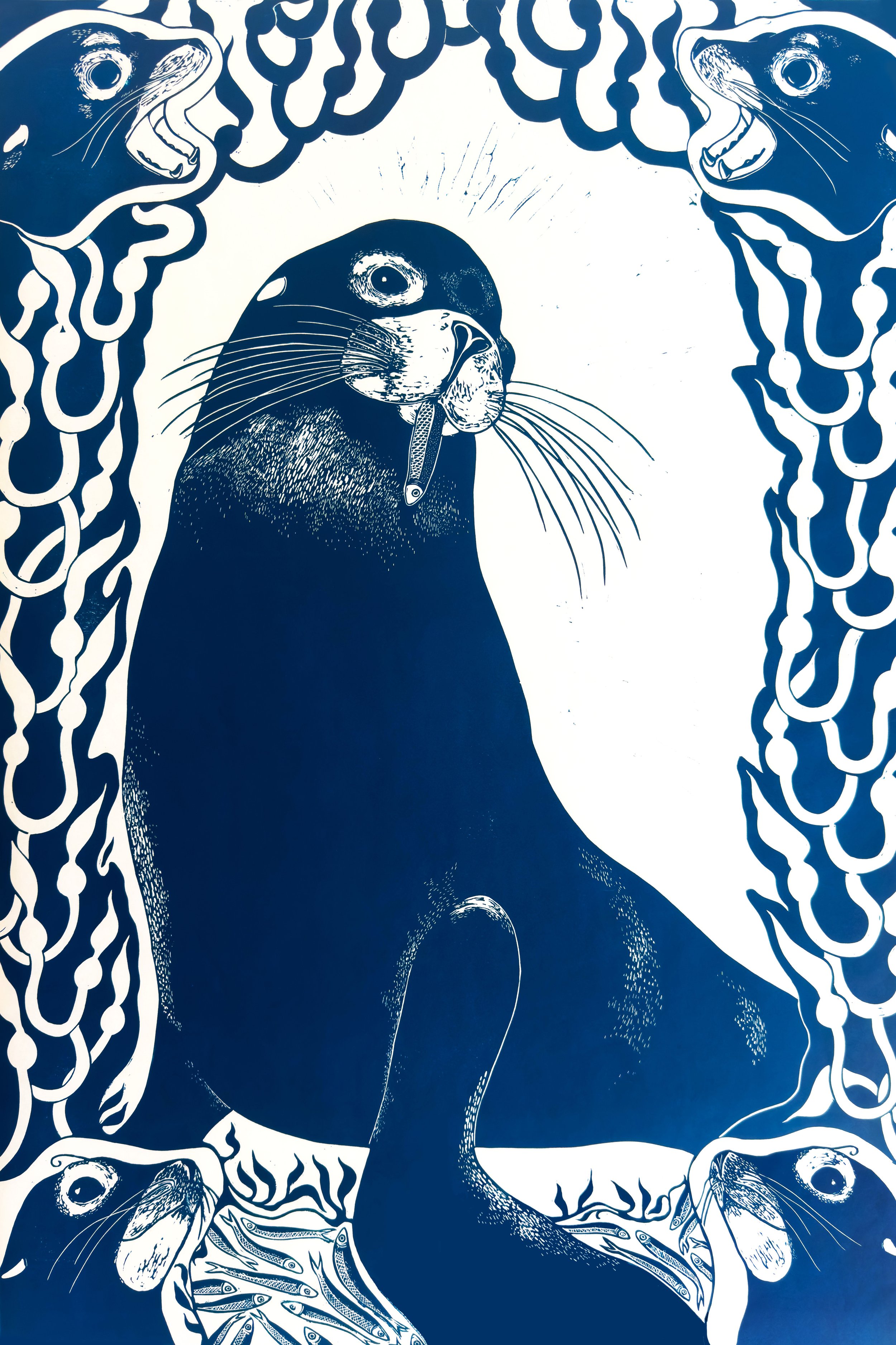 “California Sea Lion” 24x36” linocut on Mulberry paper, 2026