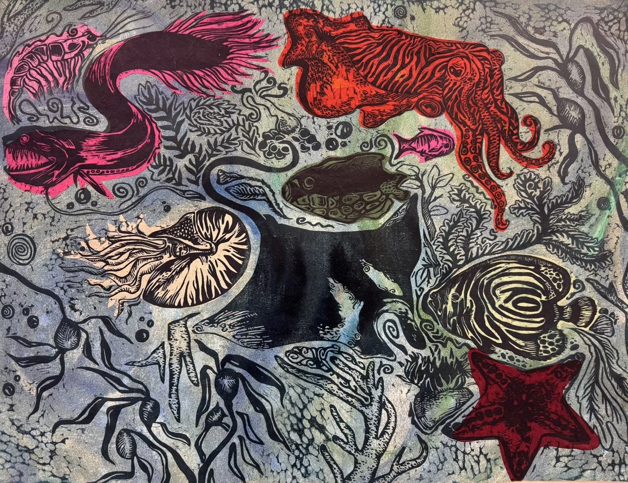 "Ocean Scene" 24x32" woodcut, monotype, & chine collé on BFK, 2025