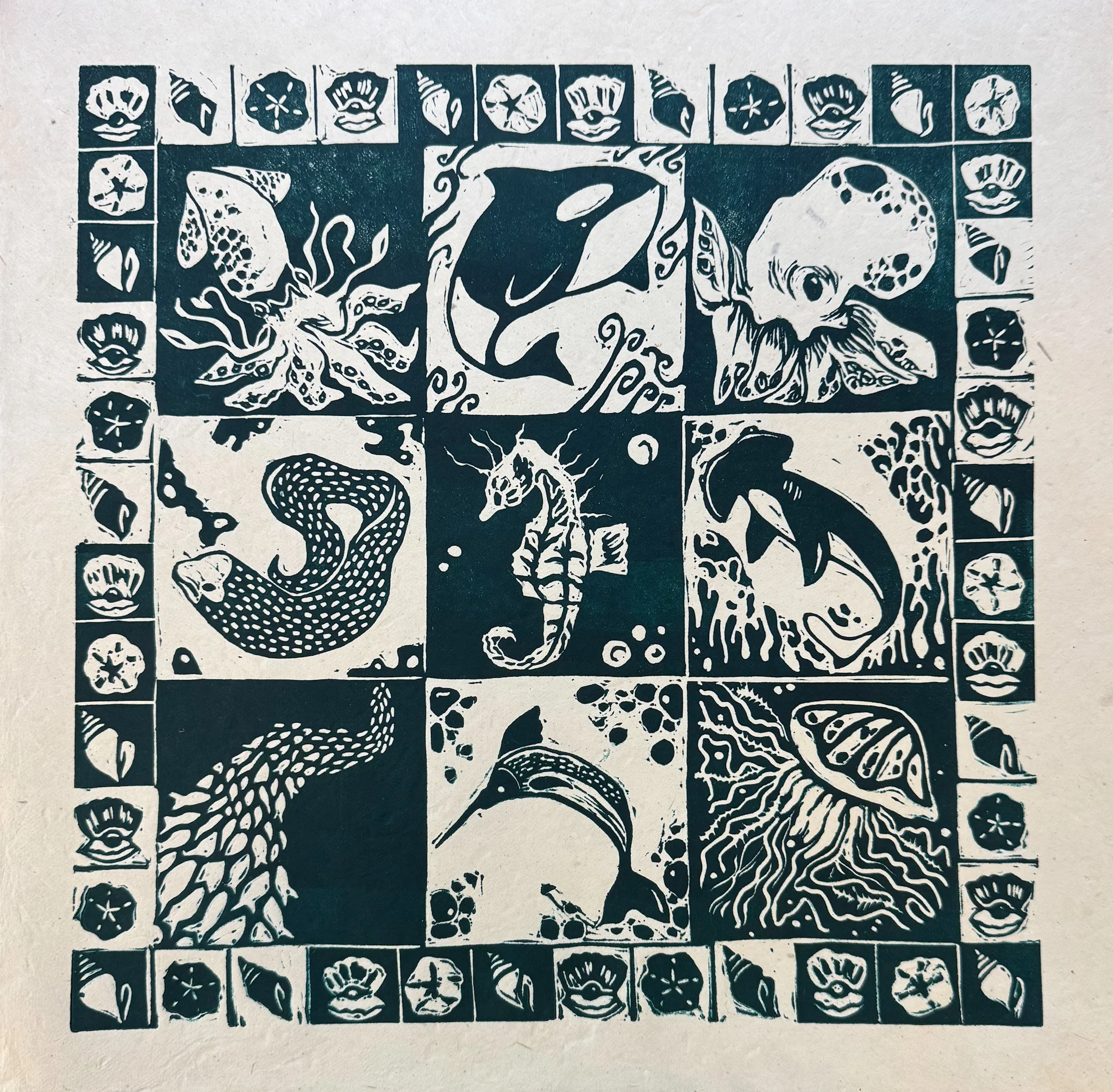 "Ocean Quilt" 14x14" linocut on Lokta 2024